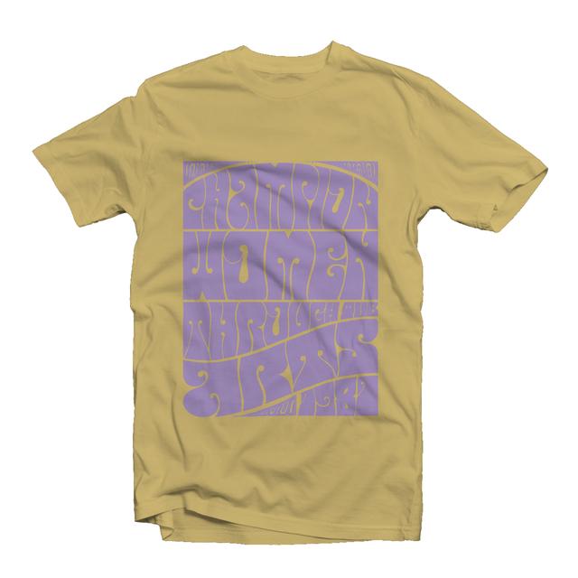 Daffodil-colored t-shirt features NMWA’s slogan, “Champion Women through the Arts,” in lavendar psychedelic lettering.