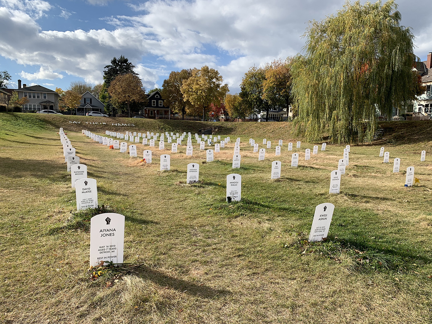 A large field in a residential neighborhood is marked with rows of white makeshift tombstones featuring the Black power fist and names of people killed by police violence. A large weeping willow tree is visible in the background, along with other trees and stand alone homes. The blue sky is marked by soft white clouds.