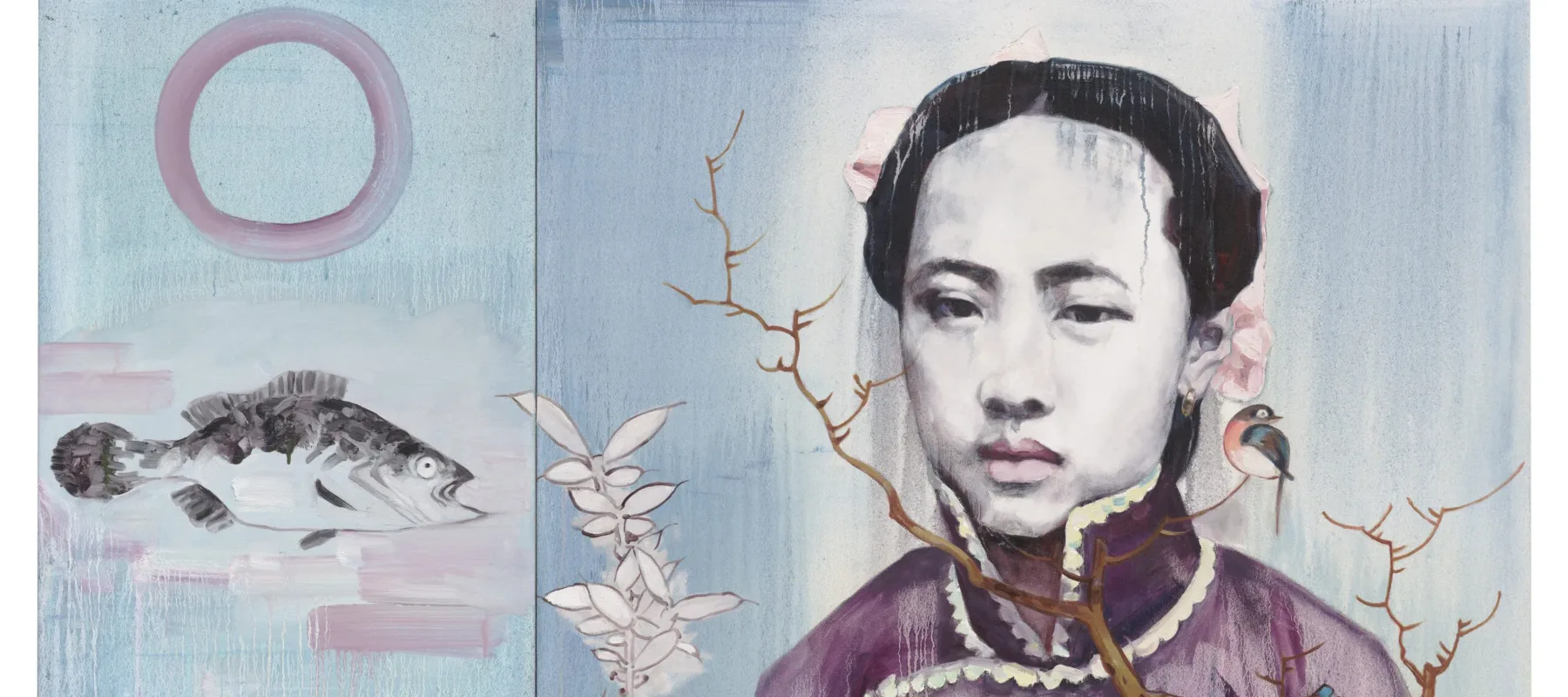 A square painting with layered, dripping textures of a Chinese woman with dark hair and a traditional dress. She gazes straightforward at the viewer. In front of her, a tree branch extends upward and a bird perches on the end of it. The background consists of two different shades of blue and on the left side of the canvas an open-mouthed fish points towards the woman.