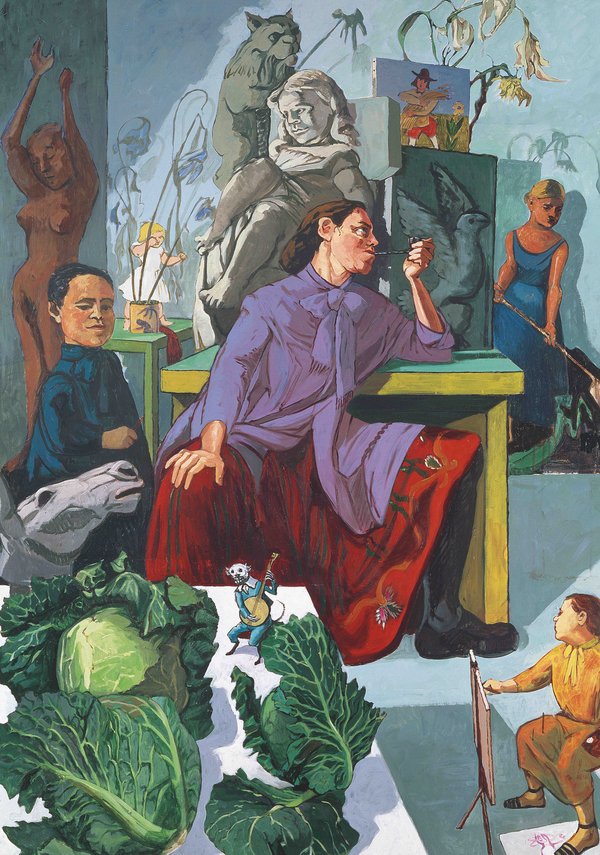 A colorful figurative painting centers around a light-skinned woman wearing a long purple formal shirt with a tie at the neck over a long red, embroidered skirt and high black boots. She sits at a table with her legs spread wide and her right hand resting on her right knee. Her left hand holds a small pipe to her lips and she stares to the left. Behind and around her are a variety of things: paintings of birds and people, sculptures of nude women and creatures, other short women in blue dress that may or may not be real, a horse head, four heads of green cabbage on a table. A miniature person painting at an easel in the right lower corner.