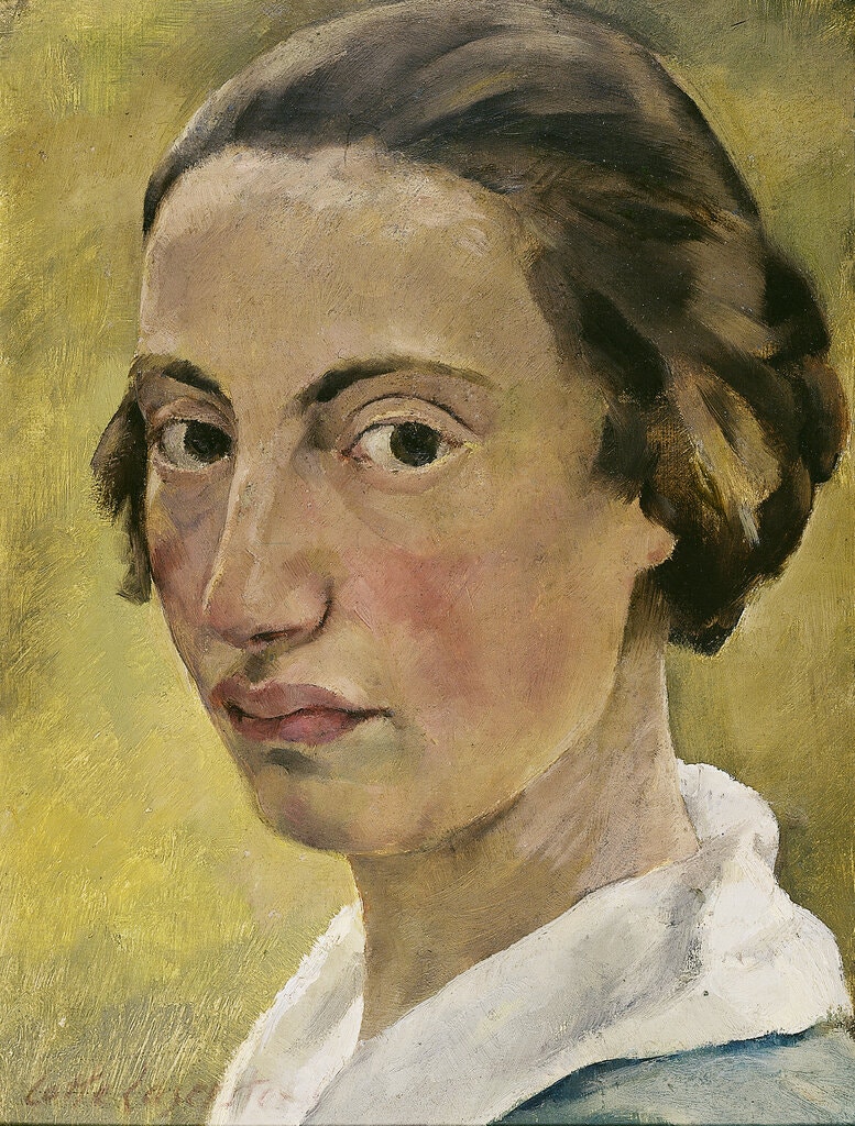 A self-portrait painting features a light-skinned woman with rosy cheeks staring directly at the camera, as if turned from the side. Her ear-length brown hair is pulled back plainly and she wears a shirt with a prominent white collar. The painting calls attention to her almond-shaped brown eyes and her plump upper lip. The background is an earthy yellow/brown.