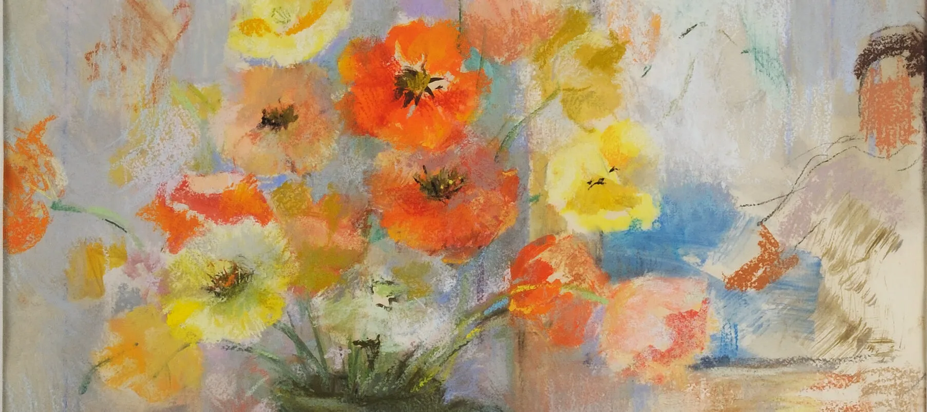 A vase of orange and yellow poppies springing from a green vase perched on a white table in front of a white wall and window. The depiction is a little blurry and Impressionist.