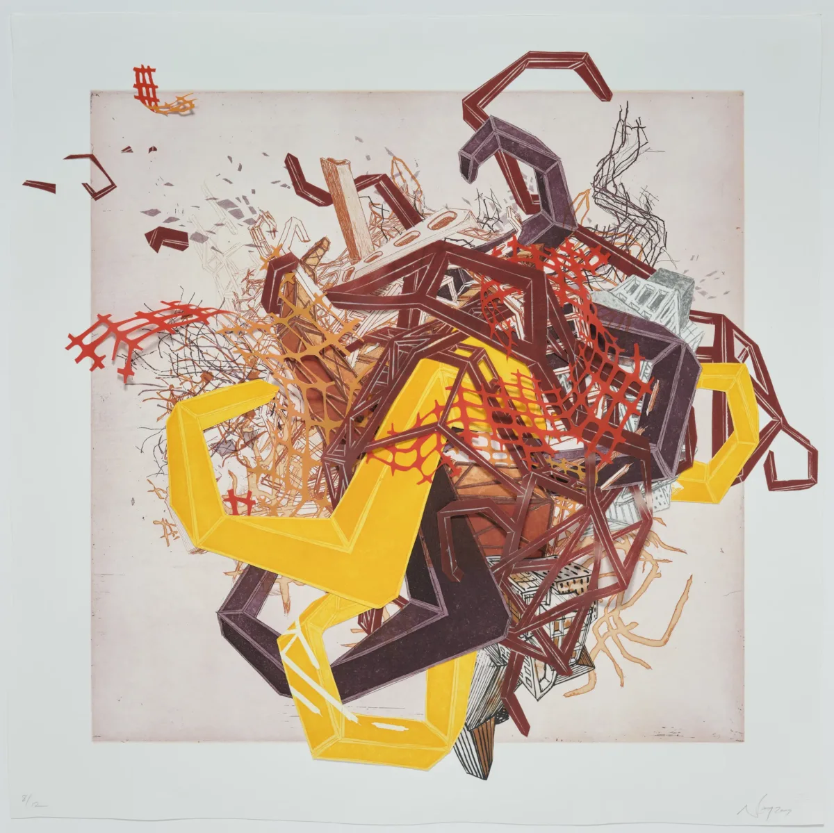 Mixed media work on paper depicts a tangle of colorful forms in the center of the paper. Some forms are printed abstracted architectural structures and pipes. Other forms are made out of mylar and represent hoses and plastic fencing.