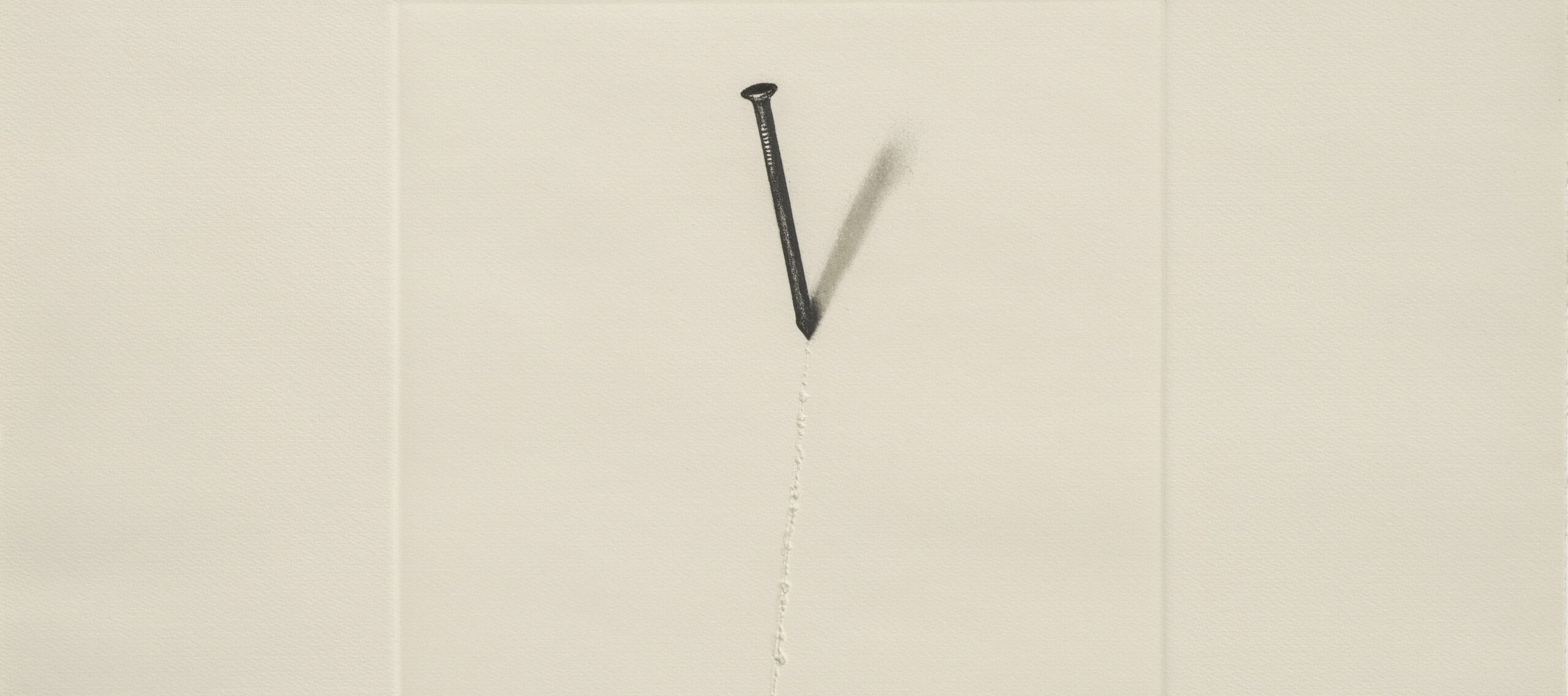 A gray nail sticking out of a white square on a white background. The nail sticks up and slightly to the left, hammered in at a high angle. A slight shadow of the nail appears on the right, and a long, subtle scratch stretches from the bottom border of the square up to the nail.