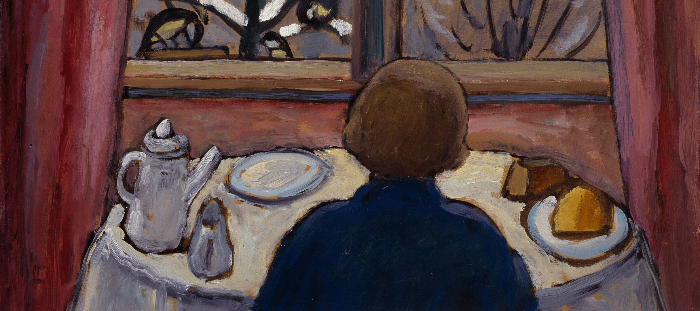 Using loose brushstrokes, a woman seated at a table in front of a window with her back to the viewer. The table is set with a teapot, creamer and plates with pasties. Outside the window is a winter scene with five birds perched upon the snow-covered branc