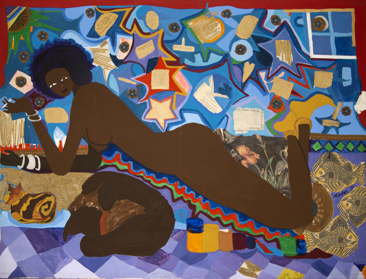 A colorful figurative painting of a naked Black woman shown from the side, lounging on a colorfully patterned floor in front of a vibrant wall of shapes, including stars, hearts, and small flowers. A cat rests next to her and three fish are painted behind her. The woman looks happy and is smoking a cigarette.