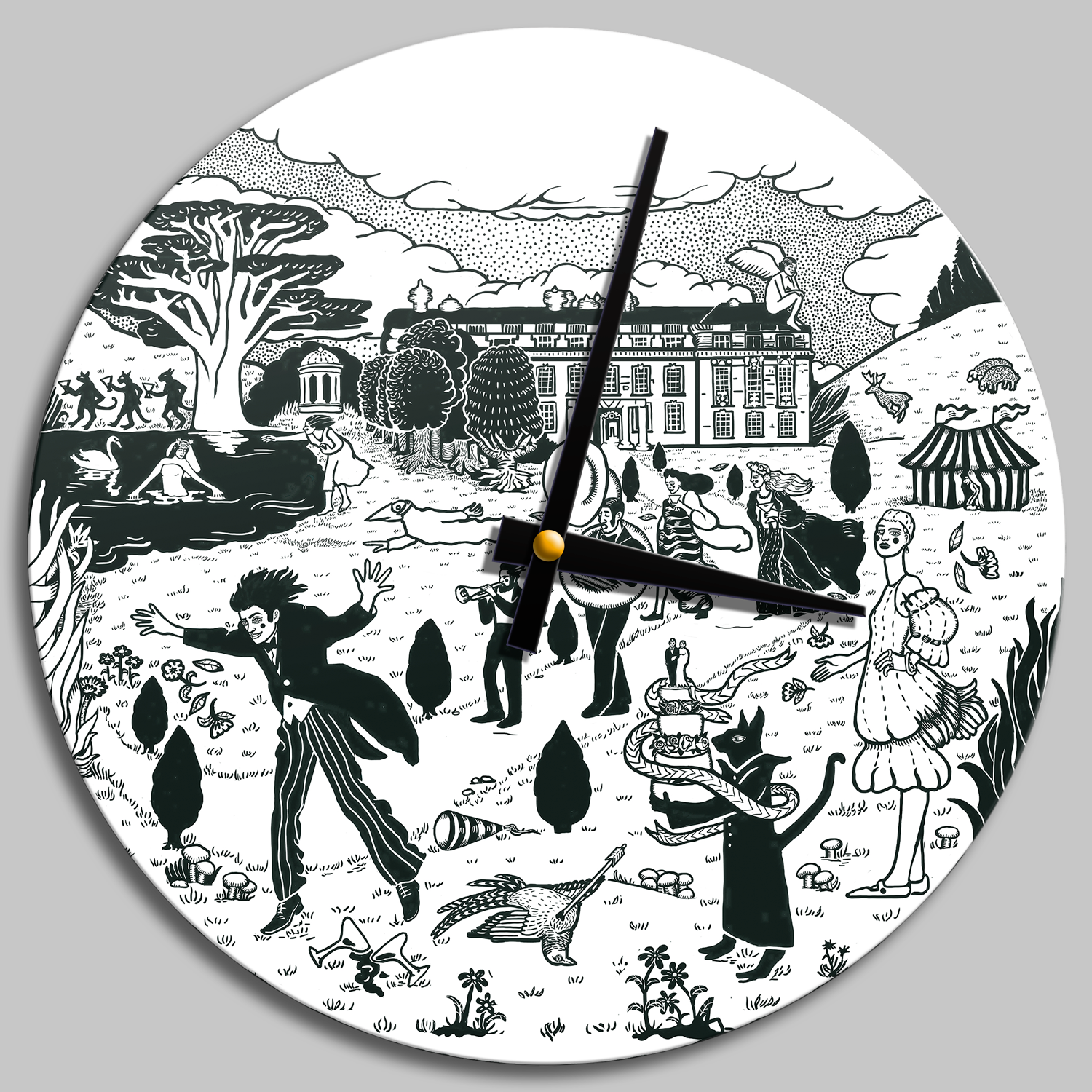 A minamalist wall clock features a black-and-white digital illustration of a lively, Surrealist scene on the grounds of an old English manor. Among trees and the grass, a brass band walks, a man in a formal suit runs crazily, animals and human-animals stands and interact, and a circus tent stands in the distance.