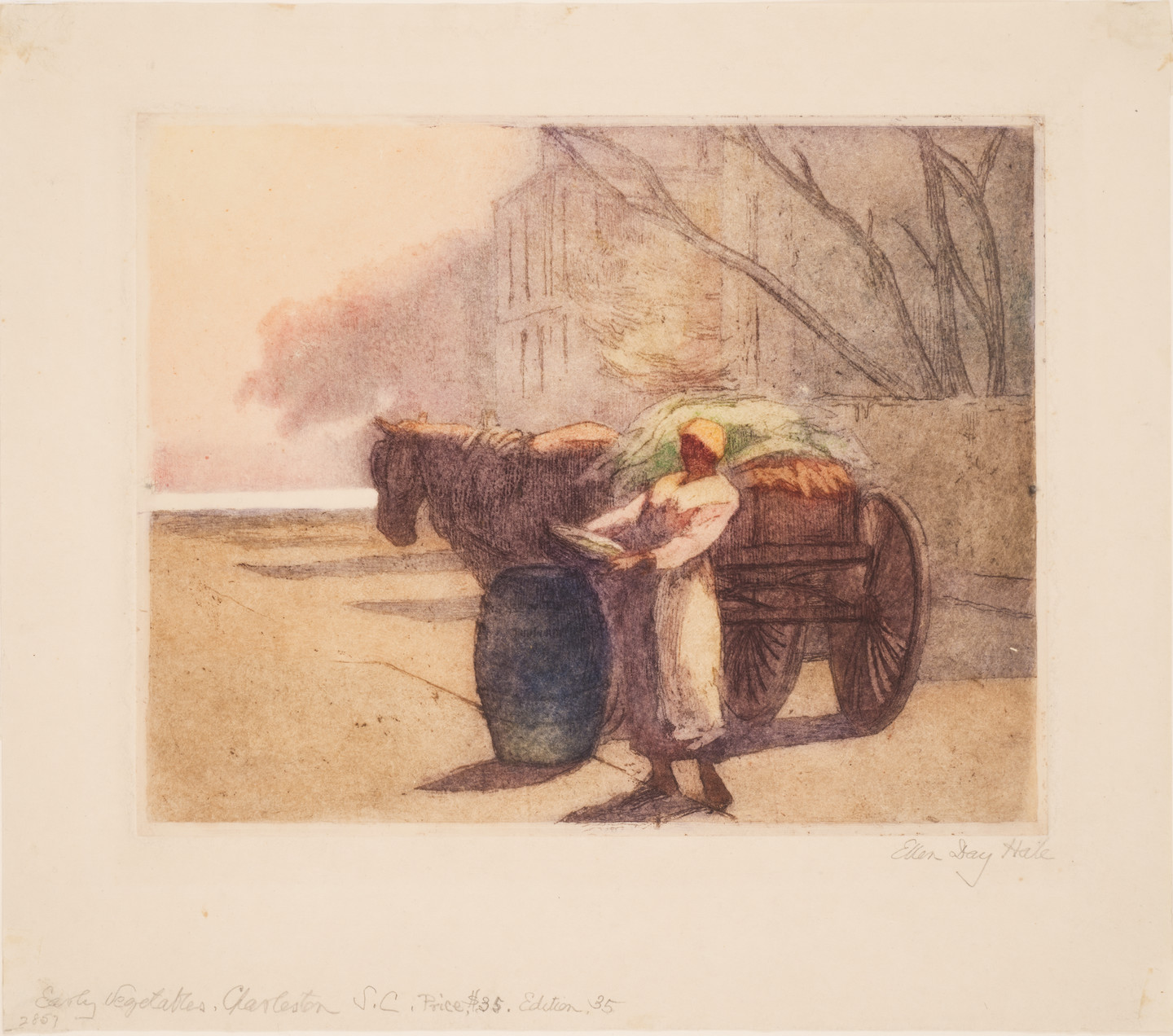 A warm-toned etching of a person wearing a light colored dress and dark apron unloading a horse drawn cart.
