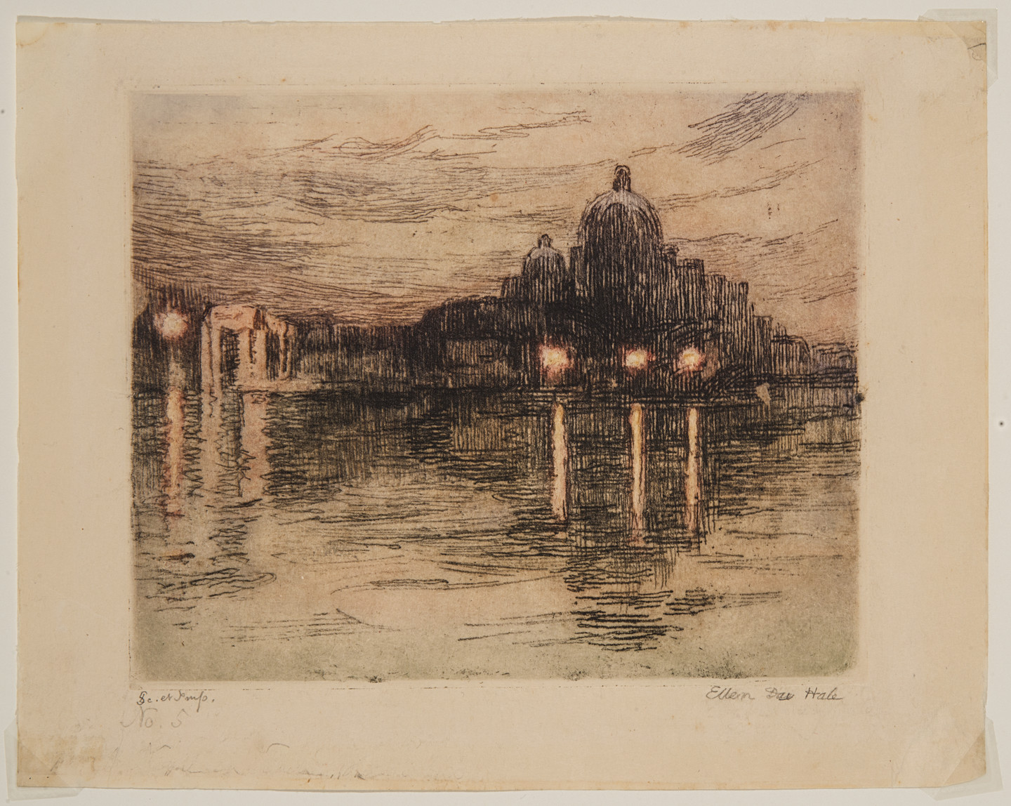 A print with black ink and light washes of color depicting the skyline of a church and other buildings. The shape of the buildings reflect in the water below them.