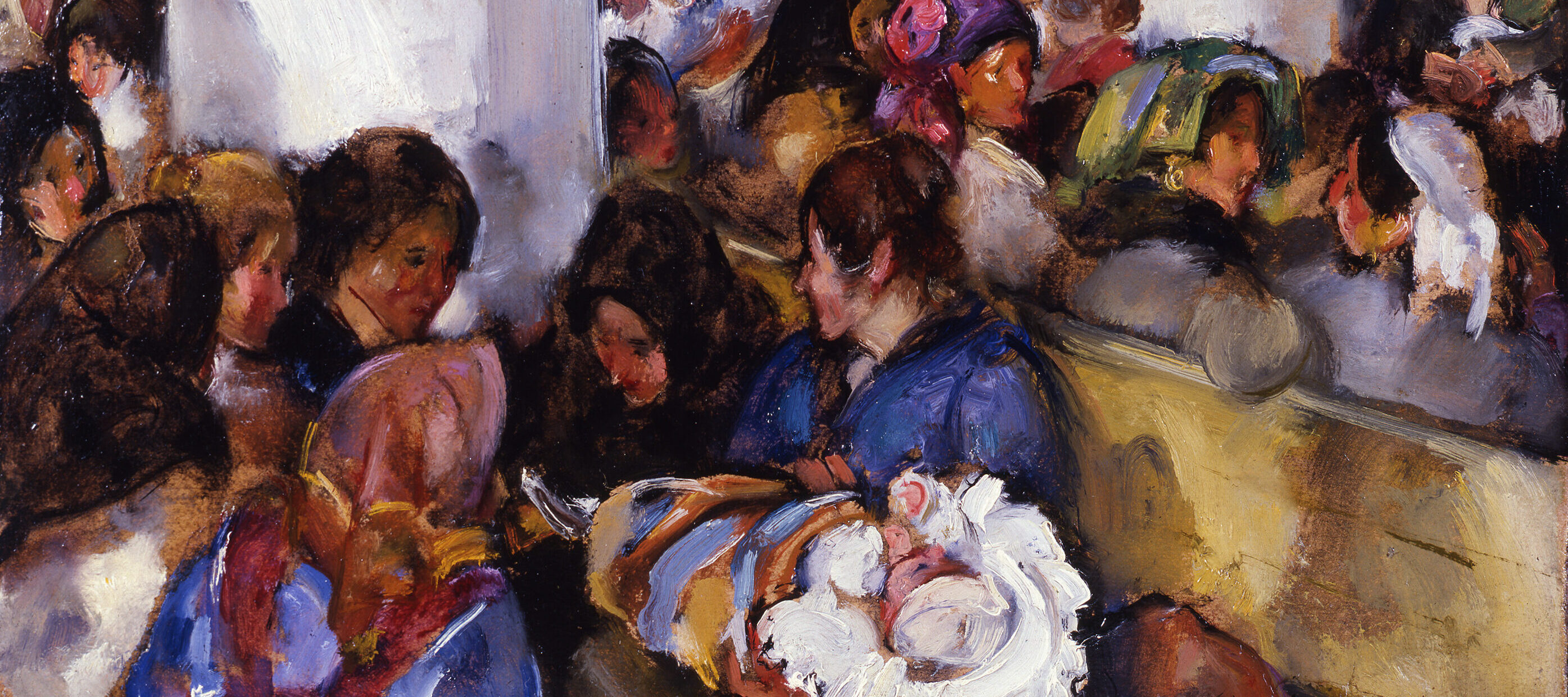 Impressionistic painting of a crowded room with large, white pillars and benches. Dozens of light-skinned women and girls in early 20th-century travel garb sit and stand in clusters. A group in the foreground surrounds a swaddled baby, while the others blur into the background.