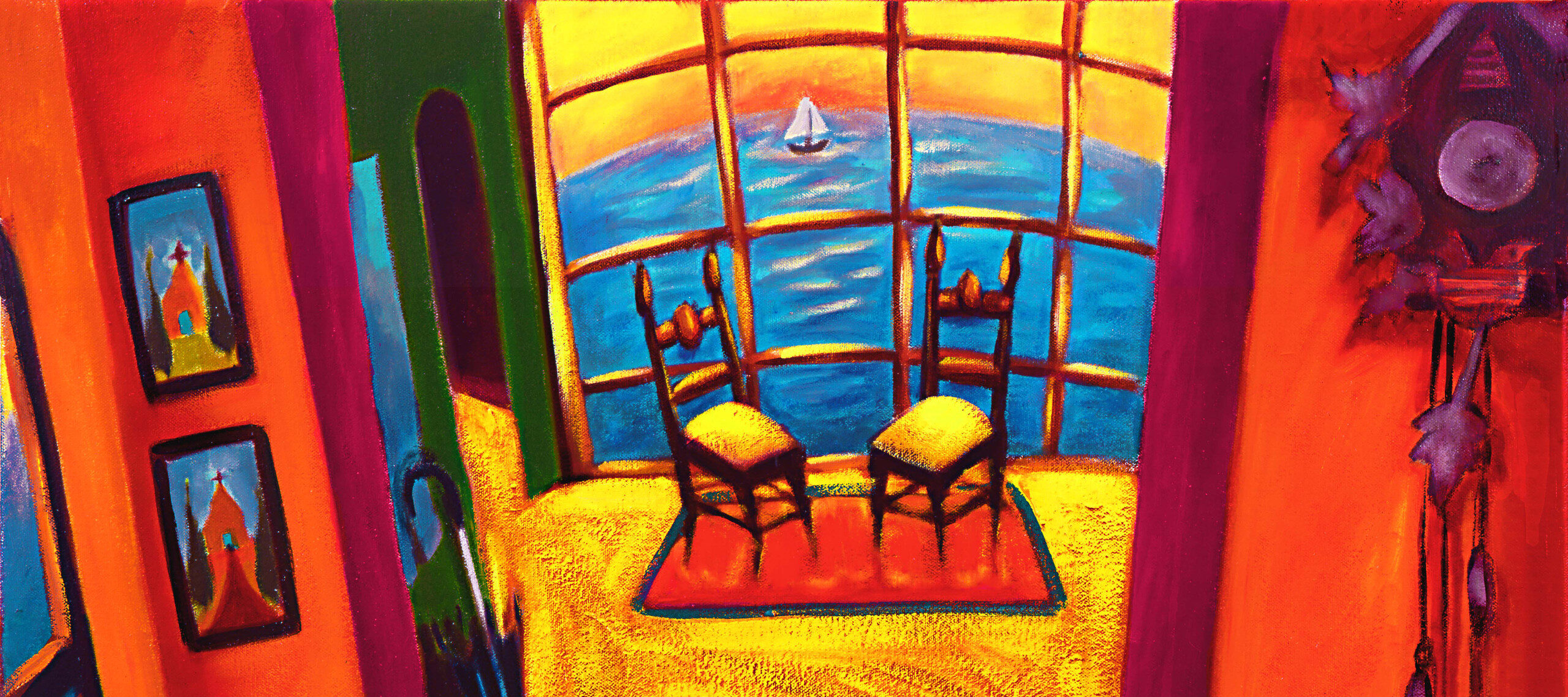 A vibrant, colorful painting of a kitchen and sitting area by a window overlooking a sailboat on the water. There are multiple chairs, a set table, and a carpet, and the colors are primarily warm oranges, golden yellows, and rich reds with complements of cool azure and indigo.