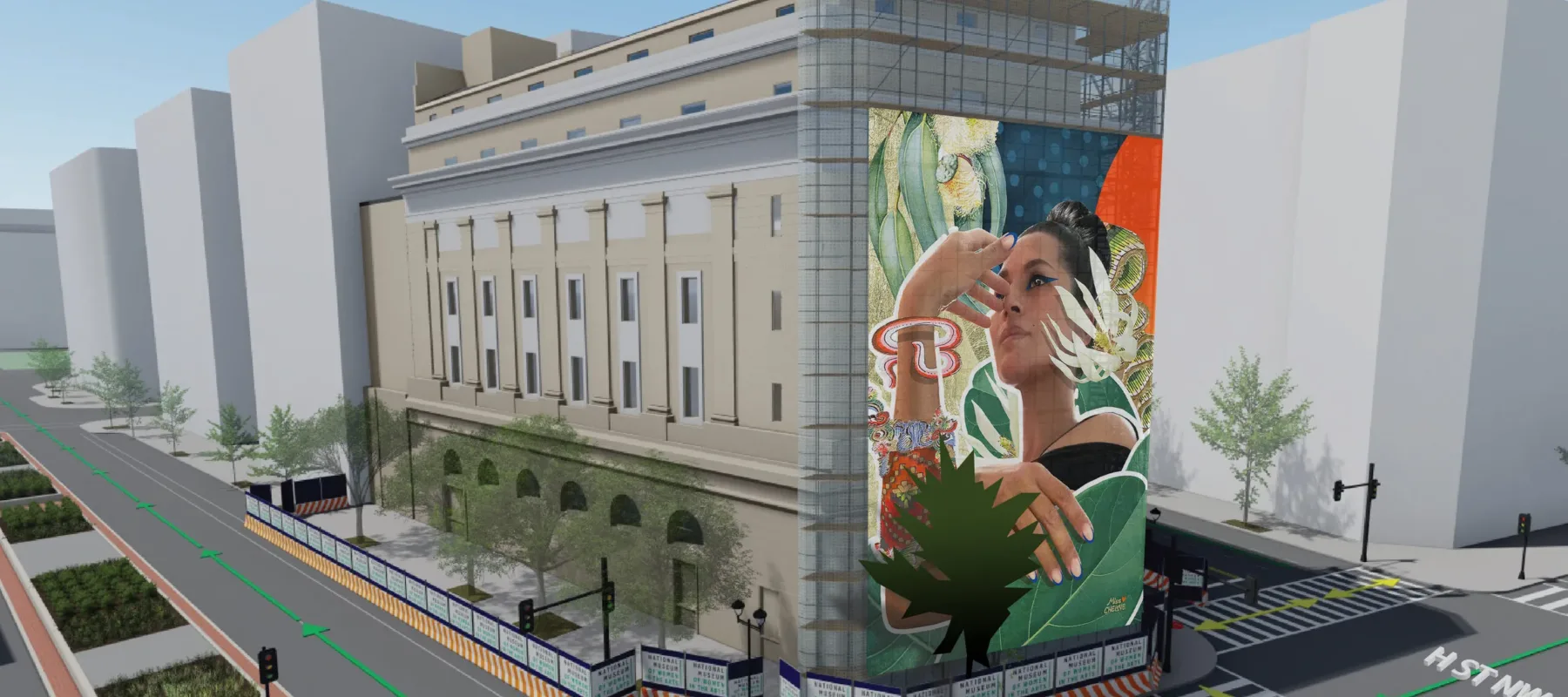 A rendering of a tall building with a large mural on the front depicting a dark-skinned woman gazing into the distance with her arm touching her face. The background features flowers and green leaves.