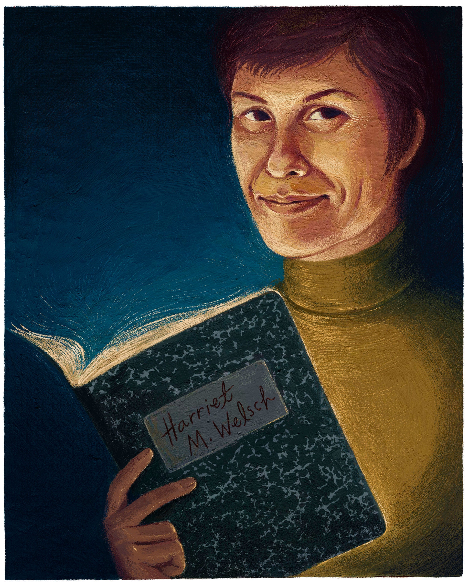 An illustration shows a light-skinned woman with cropped brown hair holding up a black-and-white marble notebook with the name “Harriet M. Welsch” written in the white central label section. The woman wears a mustard green turtleneck and smiles coyly at the viewer. The illustration is dark, with light seeming to emit from the open notebook itself, illuminating the woman’s face.