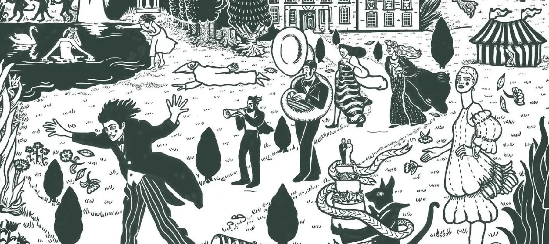 A black-and-white digital illustration features a lively, Surrealist scene on the grounds of an old English manor. Among trees and the grass, a brass band walks, a man in a formal suit runs crazily, animals and human-animals stands and interact, and a circus tent stands in the distance.