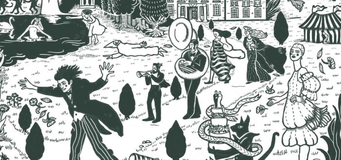 A black-and-white digital illustration features a lively, Surrealist scene on the grounds of an old English manor. Among trees and the grass, a brass band walks, a man in a formal suit runs crazily, animals and human-animals stands and interact, and a circus tent stands in the distance.