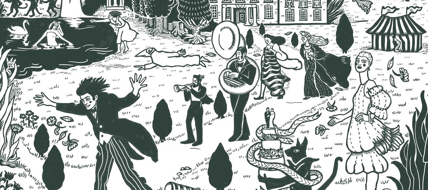A black-and-white digital illustration features a lively, Surrealist scene on the grounds of an old English manor. Among trees and the grass, a brass band walks, a man in a formal suit runs crazily, animals and human-animals stands and interact, and a circus tent stands in the distance.