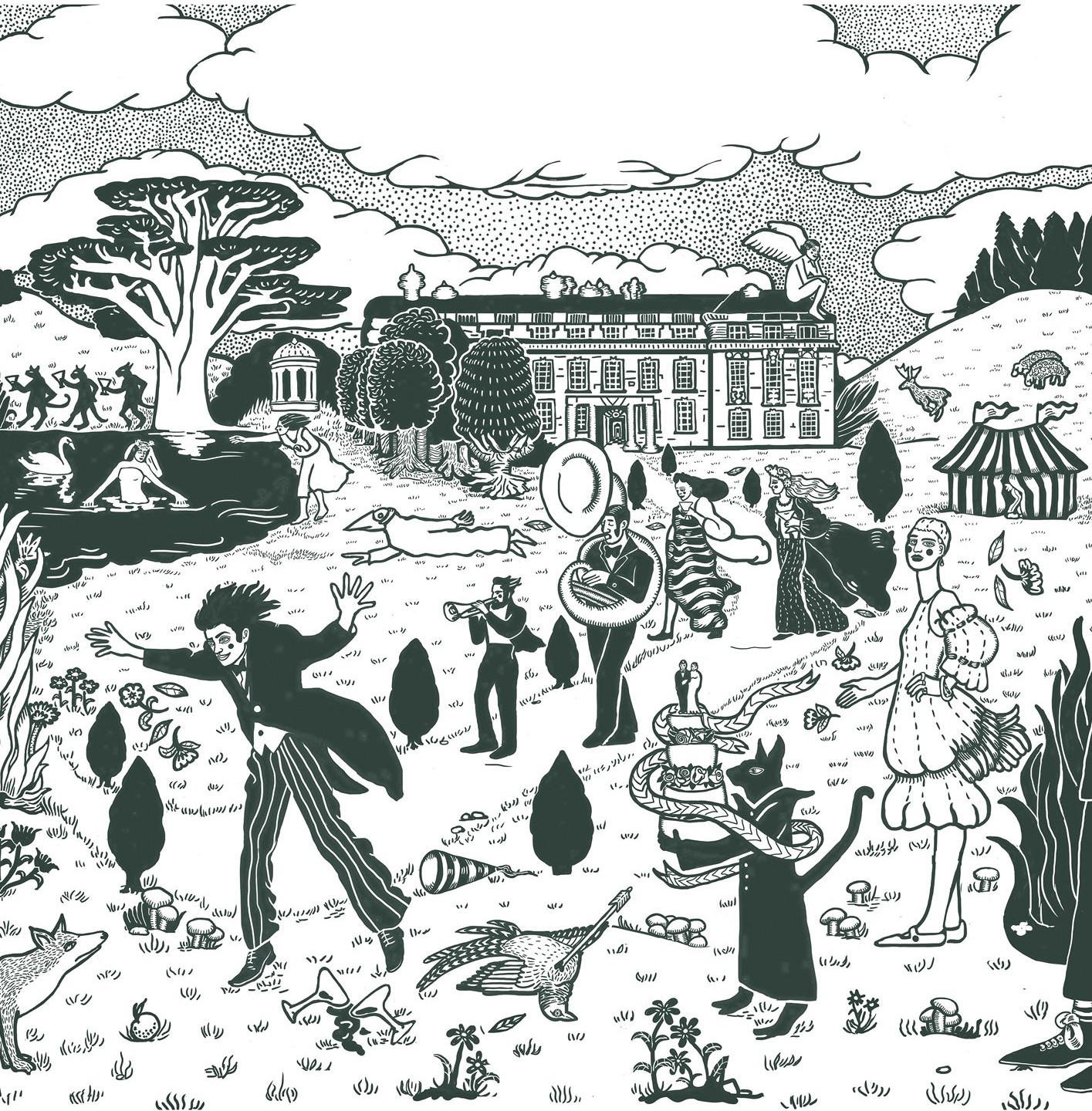 A black-and-white digital illustration features a lively, Surrealist scene on the grounds of an old English manor. Among trees and the grass, a brass band walks, a man in a formal suit runs crazily, animals and human-animals stands and interact, and a circus tent stands in the distance.