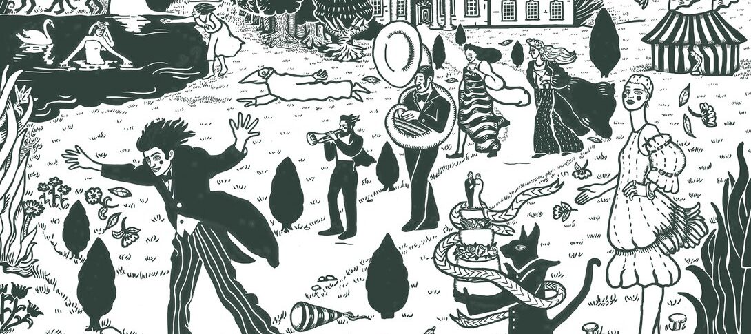 A black and white surrealist illustration. The illustration depicts a stately manor house in the background with many stylized figures on the lawn in front of the house. One figure stands naked in a pond while another reaches for them from the shore. A pair of figures in long dresses walk down the path from the house behind a pair of musicians in tuxedos playing a tuba and a trumpet. In the foreground a man in a morning suit runs from the house with his hands in the air. Beside him a cat-like animal wearing a long black coat stands on its hind legs holding a tiered wedding cake. To the right of the cat is a figure in a short white dress looking out at the viewer.