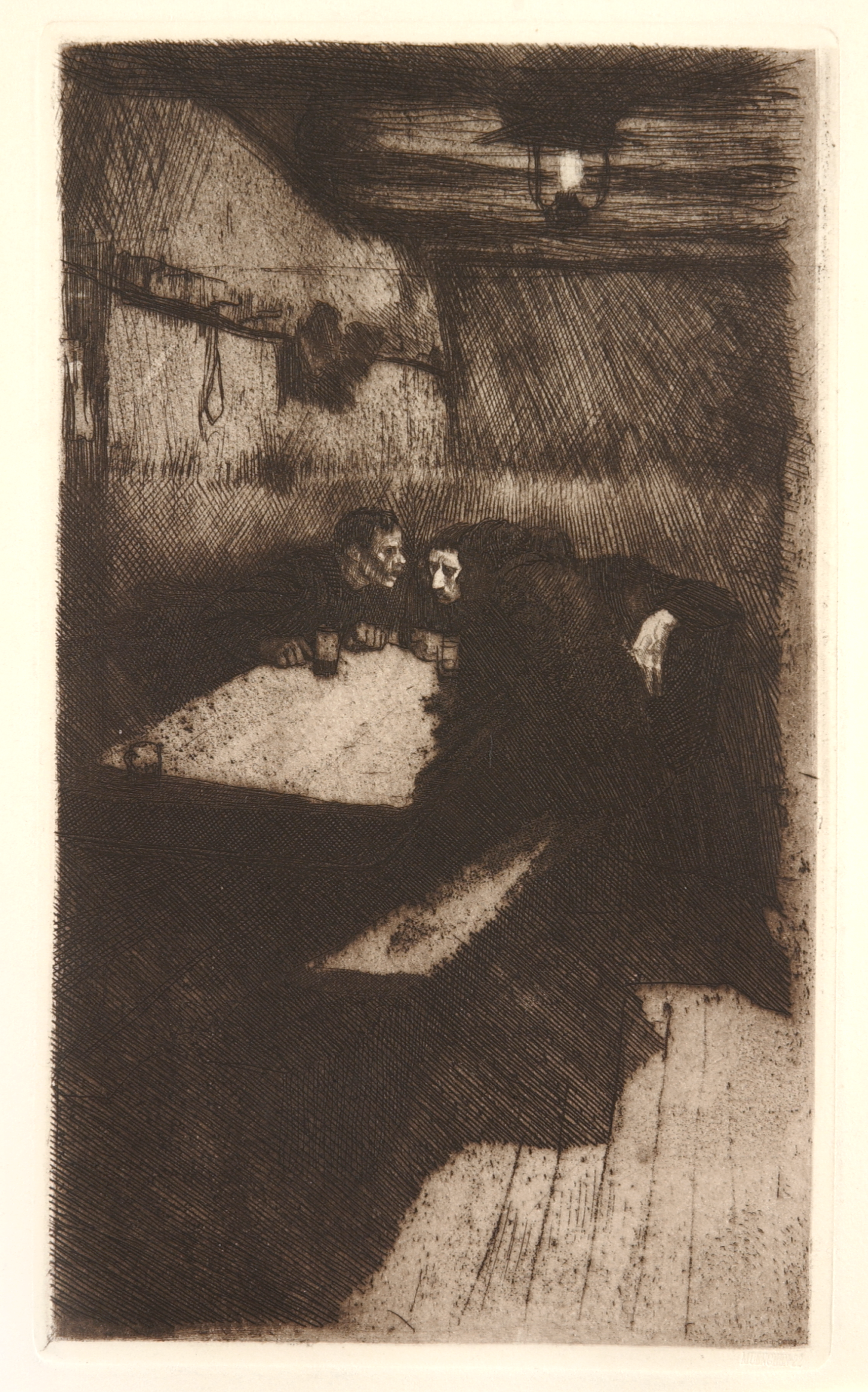 In this dark, black-and-white etching, three figures hover around a long table in heated conversaton. The room is dark and barren.