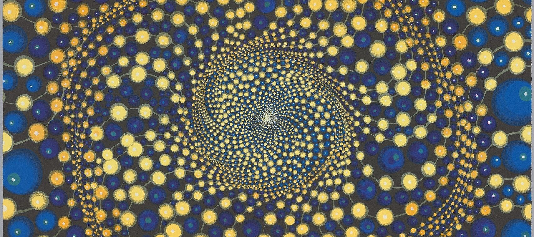 Alternating strands of yellow and blue orbs resembling beads swirl out from a central, circular point above the center of a rectangular painting. The orbs emanate out from the center, starting densely clustered and spreading out and getting bigger toward the painting's edges.