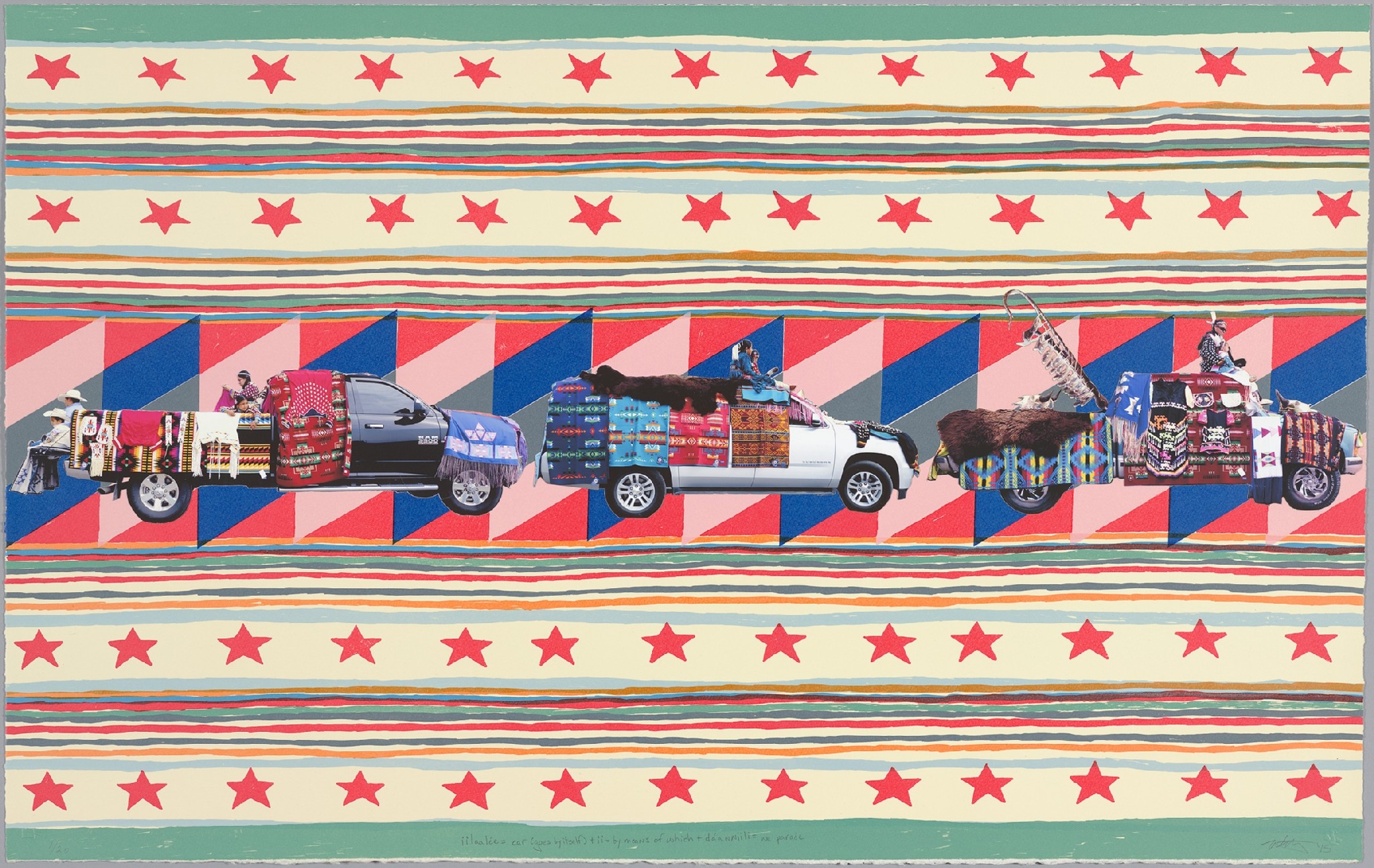 This colorful collage/print features cut-out photographs of three pickup trucks covered in vibrant, geometric-patterned, Native American blankets atop a blue, pink, and red geometric background. A few men and women populate the vehicles, some sitting on the back bumper, others on the roof. Above and below this segment are alternating layers of green, red, and orange stripes, and red stars on a muted yellow background.