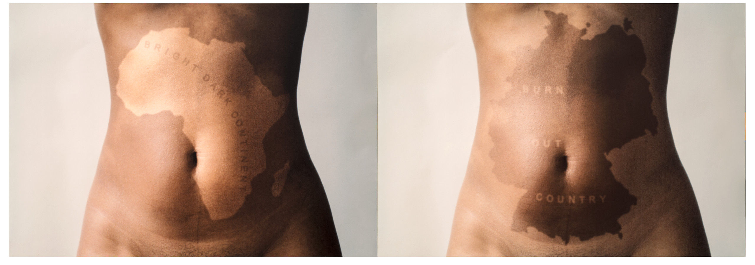 There are two nude torsos side by side. On the left, the torso has a lighter patch of skin that outlines Africa and reads 'Bright Dark Continent.' On the right, the torso has a darker patch of skin that outlines Germany and in light letters reads 'Burn Out Country.'