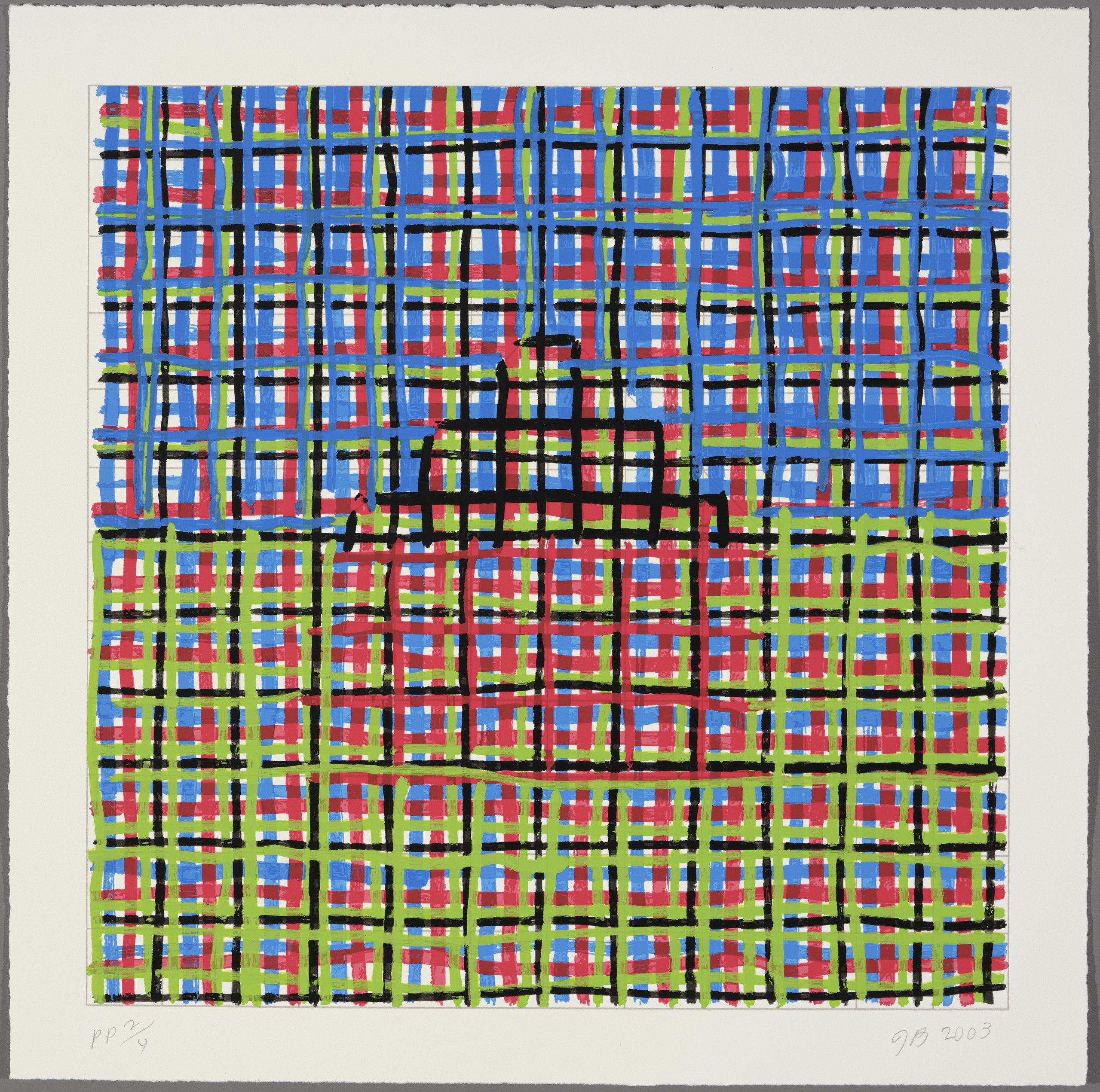 The image of a simple house, with red wall, black roof, green ground, and blue sky, is rendered in loose, artistic lines forming a grid in each of these primary colors. The lines intersect in a basketweave style, revealing and hiding the house.