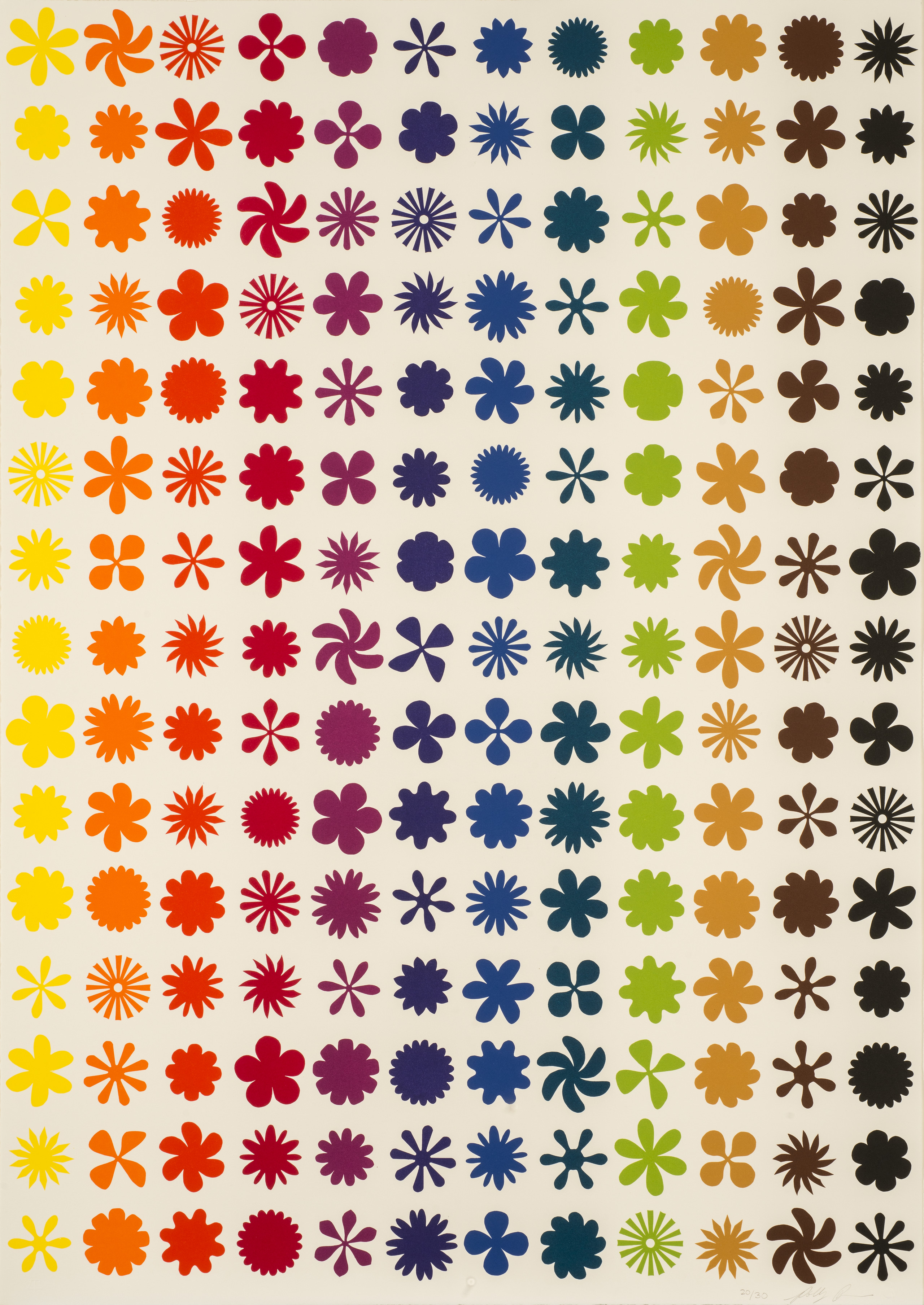Twelve vertical columns, each a different color, of repeating flower, pinwheel, and starburst shapes on a white background.