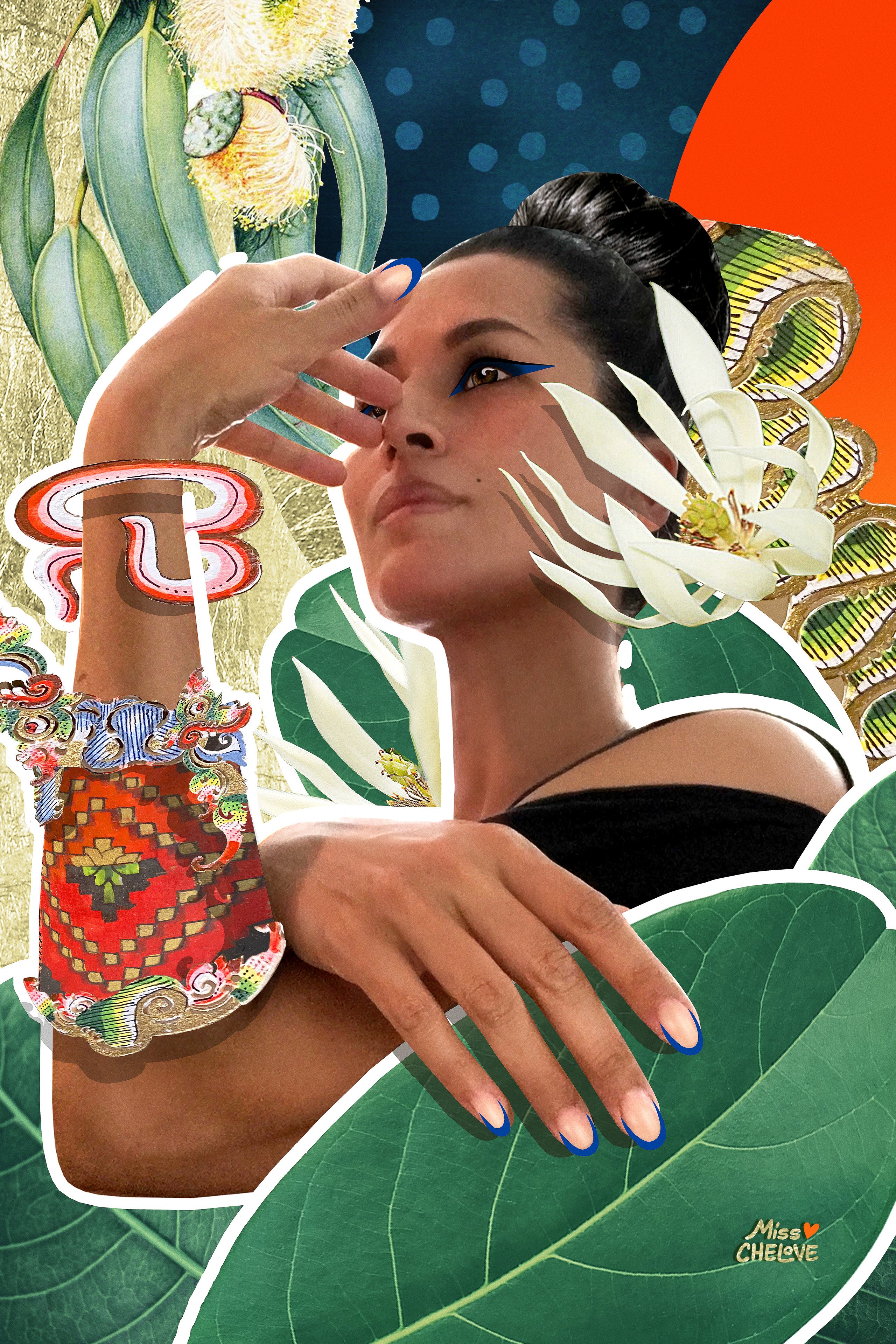 A woman’s head and shoulders are partially obscured by leaves, flora, and abstract graphics. She has medium-light skin tone and black hair worn in a high bun, and she looks up and to the side in a regal pose.