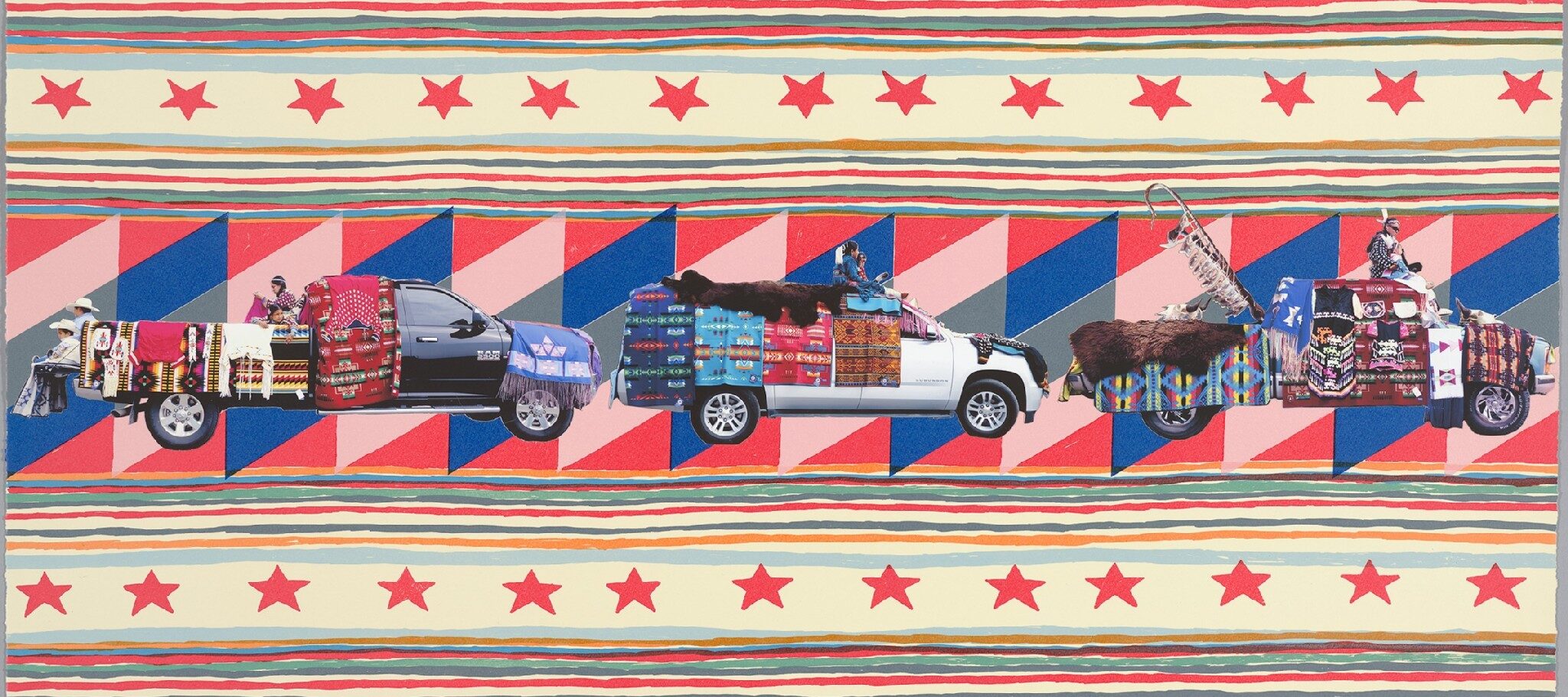 This colorful collage/print features cut-out photographs of three pickup trucks covered in vibrant, geometric-patterned, Native American blankets atop a blue, pink, and red geometric background. A few men and women populate the vehicles, some sitting on the back bumper, others on the roof. Above and below this segment are alternating layers of green, red, and orange stripes, and red stars on a muted yellow background.