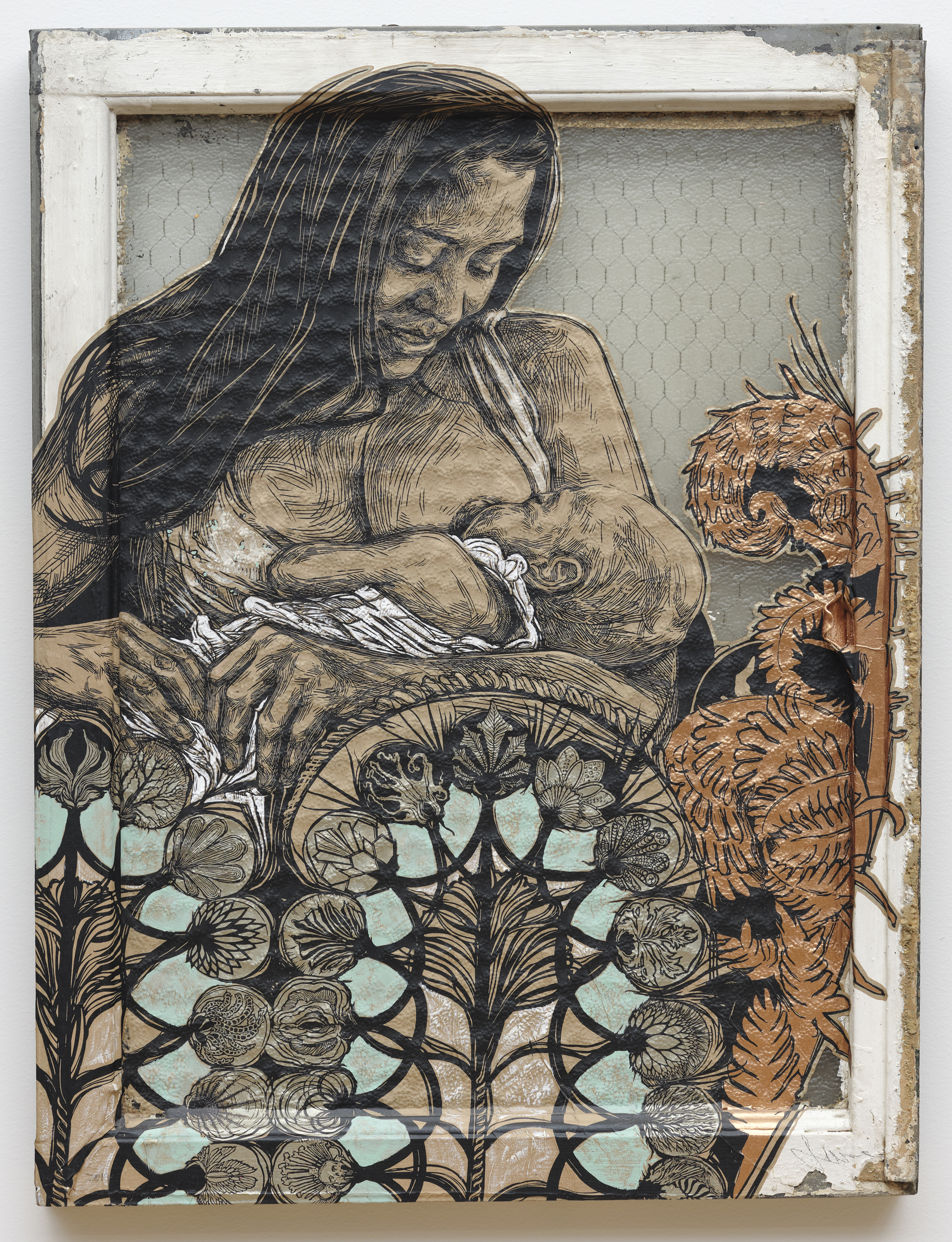 A large block print of a dark-skinned woman with long dark hair holding a baby up to her breast and bursing. The bottom of the image is organic, abstract patterns. The whole piece is done atop a window frame with wires on it.