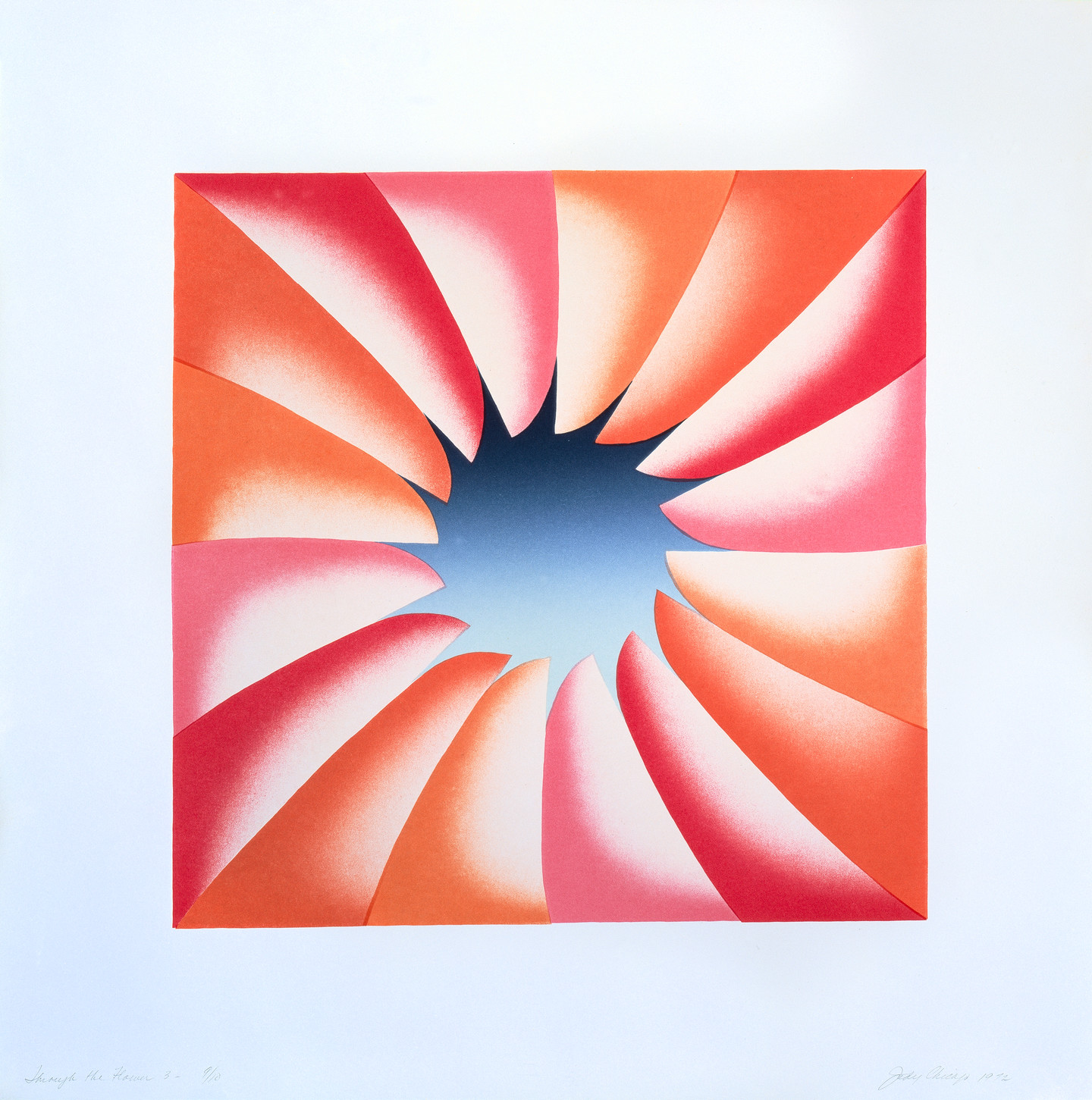 A square-shaped abstract image shows a portal with dark-blue tone fading to light, surrounded by elements that come together in a fan. The fan blades are rendered in smoothly shaded pink and orange tones.