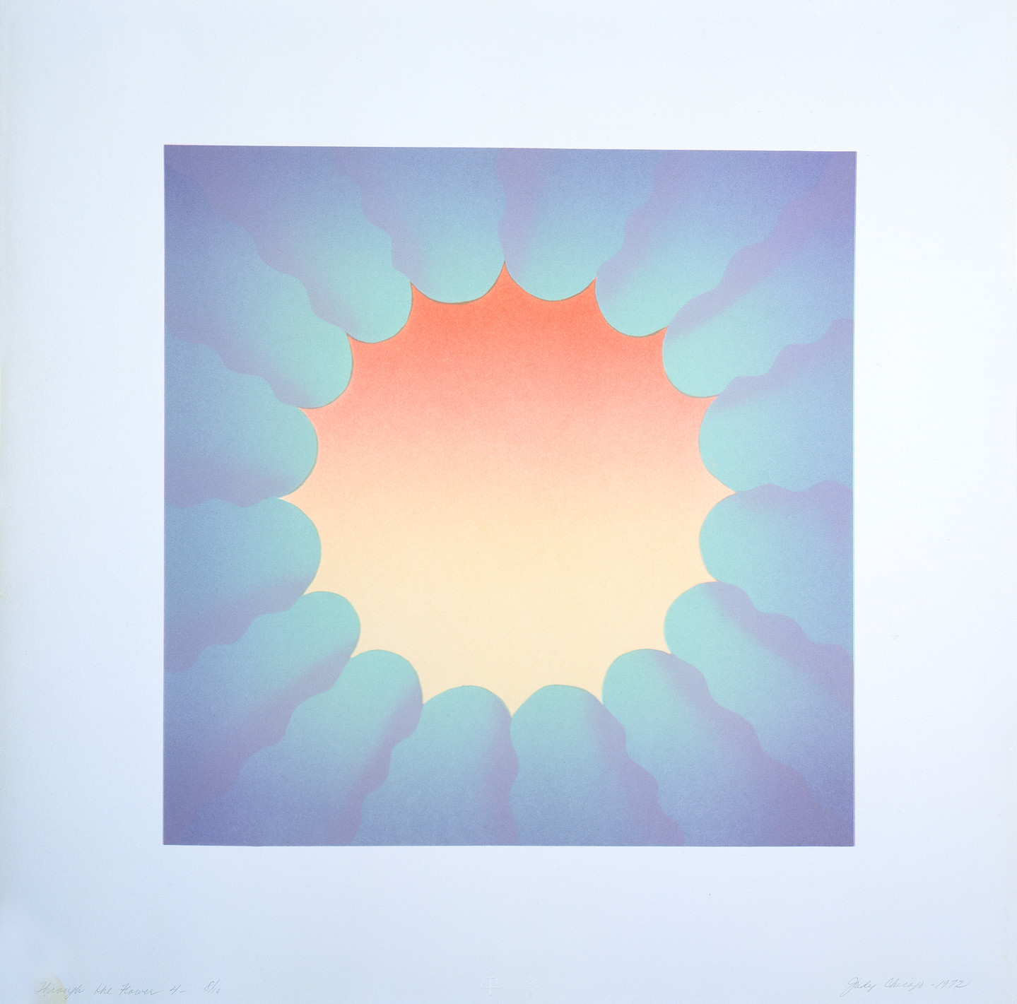 A square-shaped abstract image with a ring of pale purple rounded forms with wavy sides surrounding a sun shaped center that fades from coral at the top to a pale peach at the bottom.