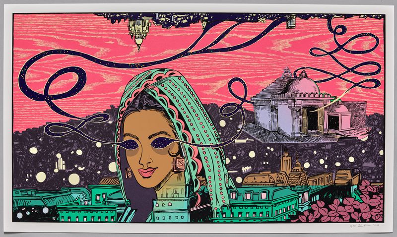 A colorful, illustrated screenprint of a surreal scene featuring the head of a medium-skinned women, seemingly of Indian descent, floating atop a cityscape against a pink, wood-grain background. Her eyes are seemingly made from the night sky and tendrils bloom out from them, looping across the landscape and into an old building in the background.