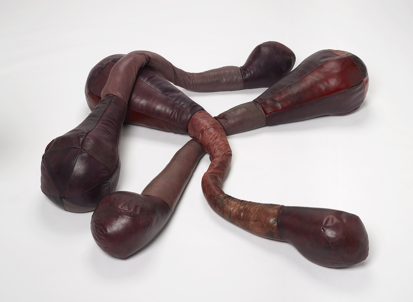 A large, soft sculpture comprises three wormlike structures laid on top of each other in various angles. Their outer material is leather painted deep shades of brown. They are displayed against a white background and floor.