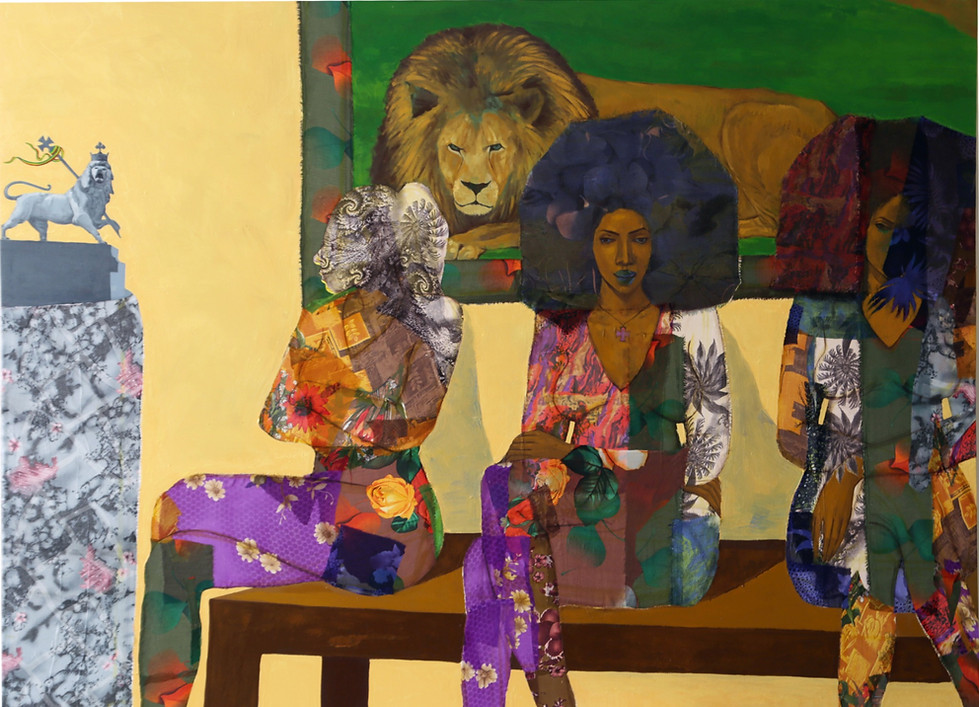 A colorful painting features three dark-skinned female figures sitting on a wooden bench in front of a painting of a lion that looks fiercely at the viewer. The women's clothing is rendered in colorful patches of fabric. Two have large afros and stare at the viewer like the lion. A third woman is turned to the side with her arms crossed and she is fully rendered in fabric patterns and has no visible face.
