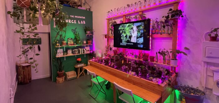 An installation view of a tiny gallery space shows a long wood desk and shelving set up against one wall, holding jars and pots of plant clippings with a flat screen TV mounted to the wall in the center. The back wall is painted green with white text on it: "The Incubator Resource Lab." More plants hang from the ceiling. The floor is concrete and painted dark grey.