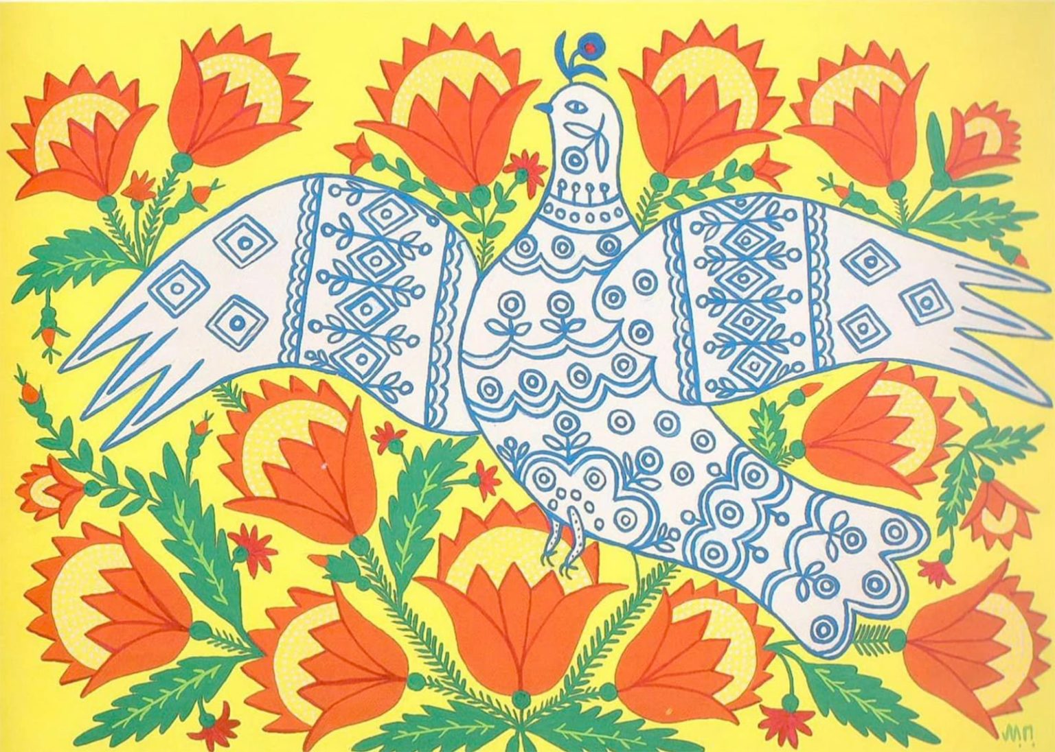 A colorful print features a bright yellow background atop which a large dove, outlined in blue with white interior stands with open wings. Intricate patterns rendered in blue adorn the dove's body and wings. Red flowers with green stems and yellow centers make up the background, as they seemingly sprout upwards and outwards.