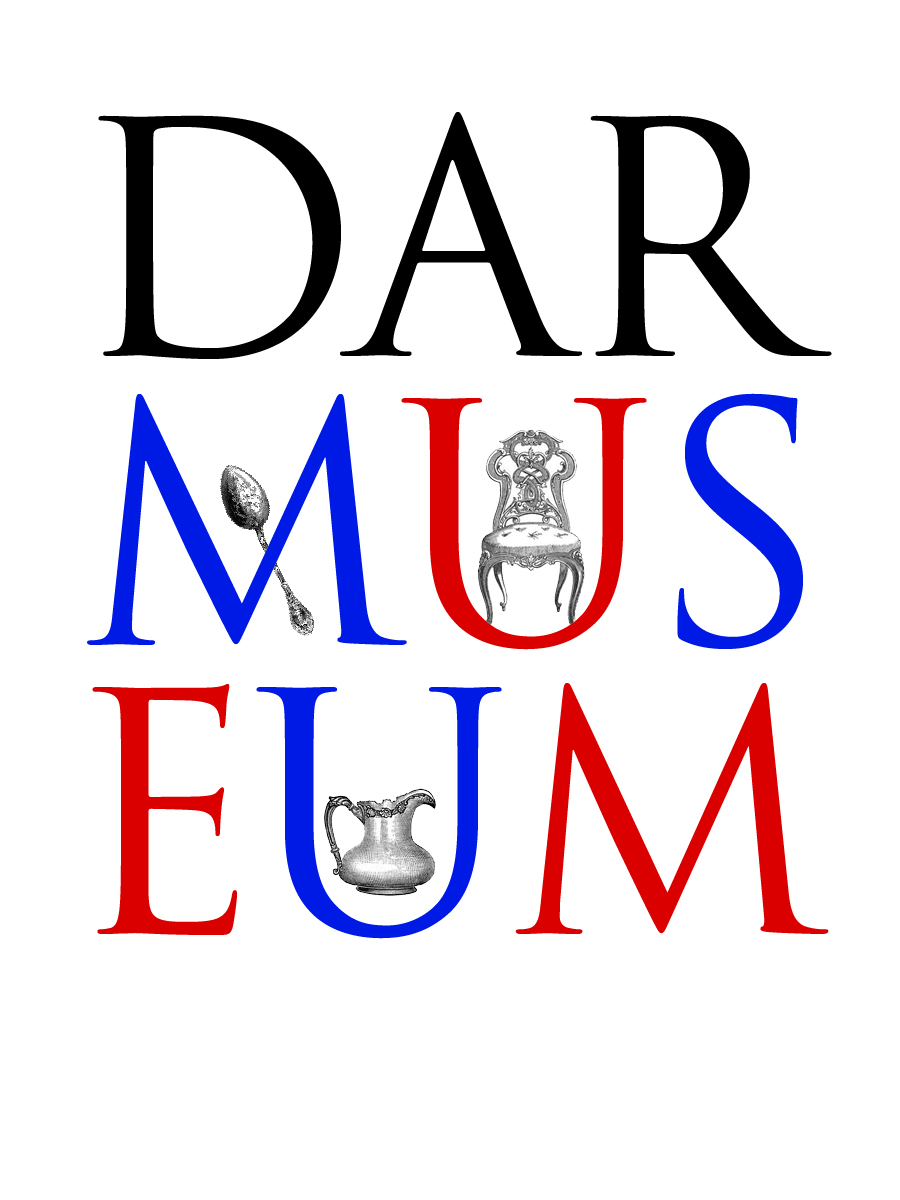 Logo that reads 'D-A-R Museum' in capital black, blue, and red letters. Each letter is arranged in a three by three grid. Beside the letters are small illustrations of an ornate spoon, chair, and pitcher.