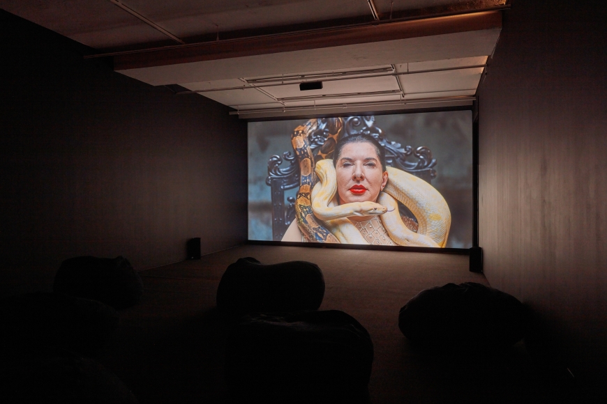 In a small, dark contemporary gallery, a back wall plays a film. The still image features a light-skinned woman pictured from the shoulders up. She has two exotic snakes wrapped around her neck and crawling up the back of the chair she sits on. She wears red lipstick and looks seriously at the camera. The film illuminates large bean bag chairs on the gallery floor.