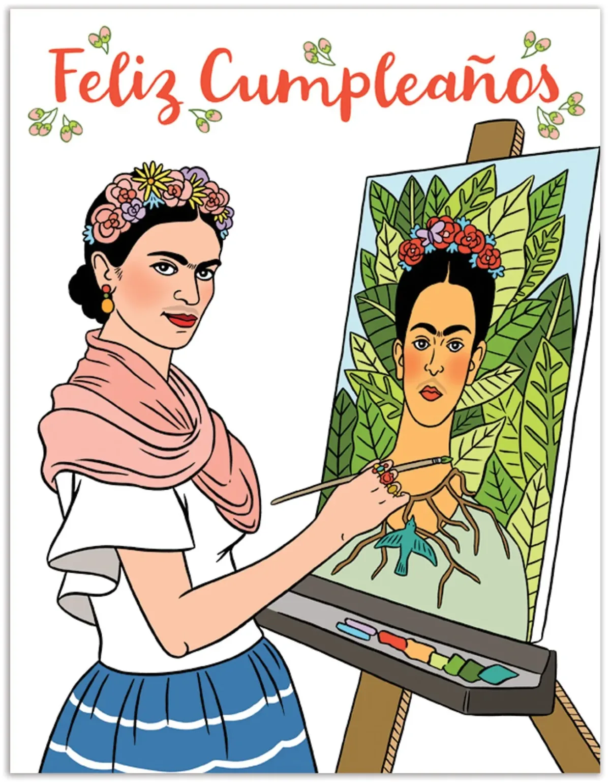 A colorful, illustrated birthday card shows Frida Kahlo at an easel, painting a self-portrait. Above her, in cursive script, is the phrase "Feliz Cumpleaños."