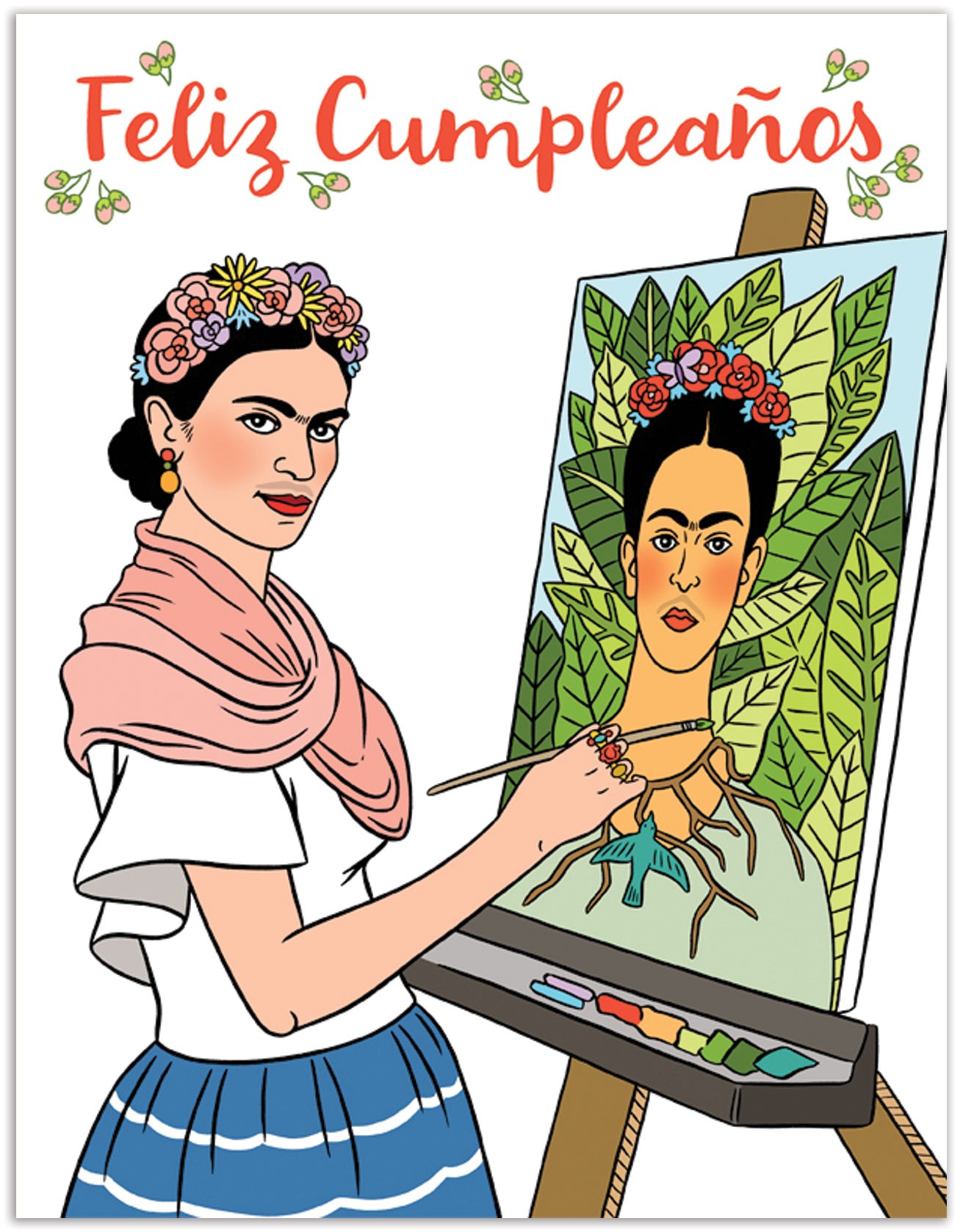 A colorful, illustrated birthday card shows Frida Kahlo at an easel, painting a self-portrait. Above her, in cursive script, is the phrase "Feliz Cumpleaños."