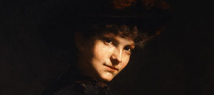 Realistic half-portrait of a light-skinned woman, set against a dark background, with her face brightly illuminated as she gazes directly at the viewer. She is clad in dark Victorian dress with her hair pinned up under a hat adorned with a red velvet bow.