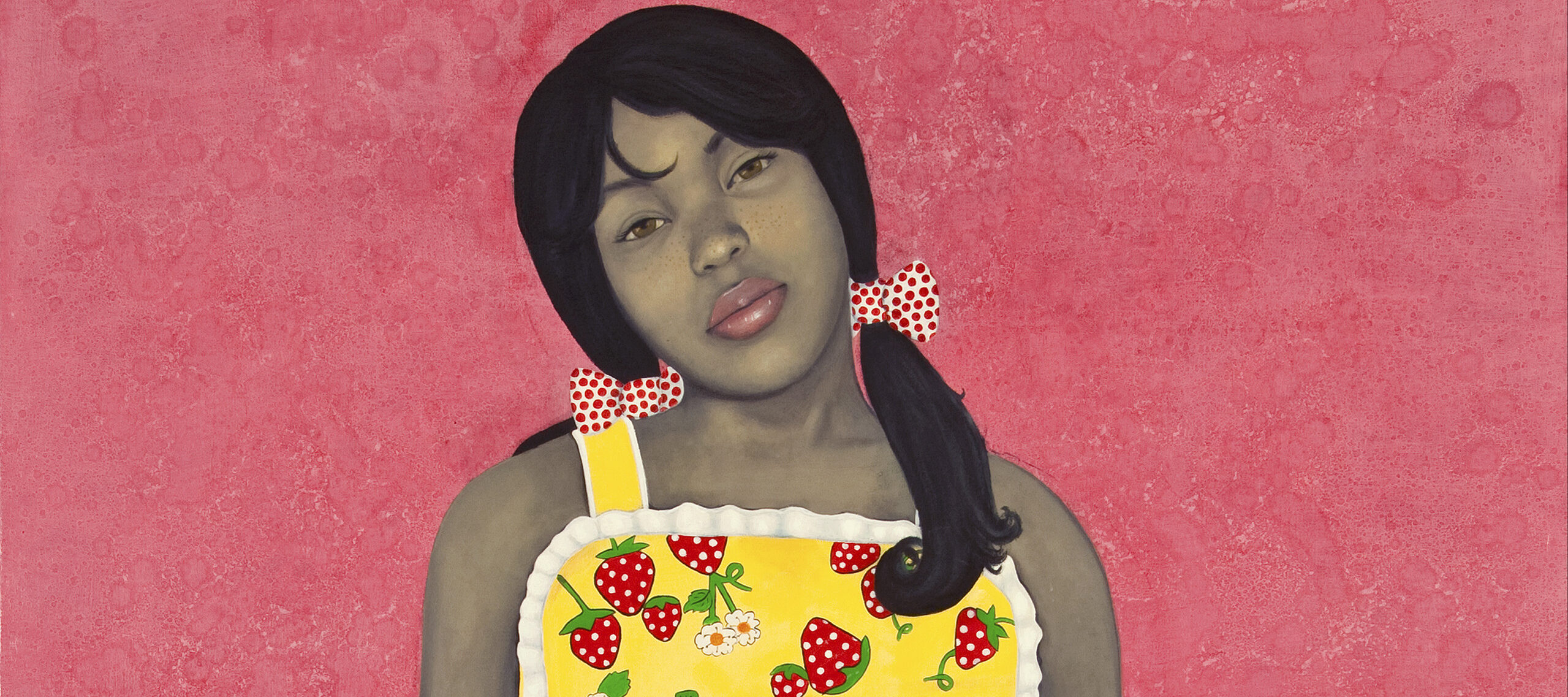 Wearing a bright yellow apron-style dress with strawberries and lace-trim details, an expressionless young woman with medium-dark skin tone rendered in grayscale stares out with her hands in her dress pockets. Her head is cocked to one side against an intensely pink-colored background.