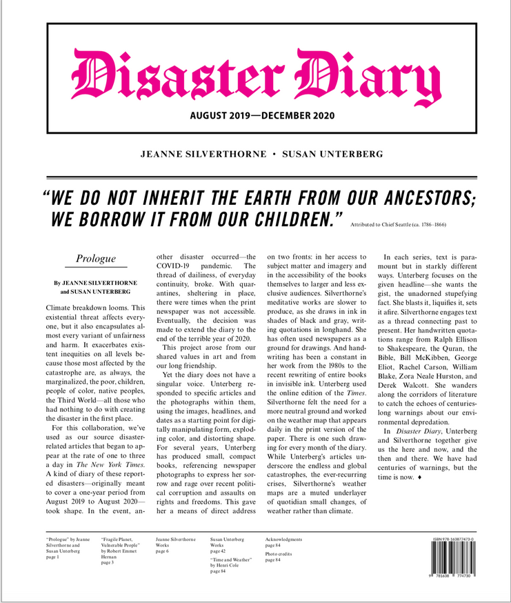 A white book cover is laid out like the cover of a newspaper, with the title ("Disaster Diary") in traditional print at the top, in bright pink. Below it is a header and four-columns of text in black, also arranged like a newspaper.