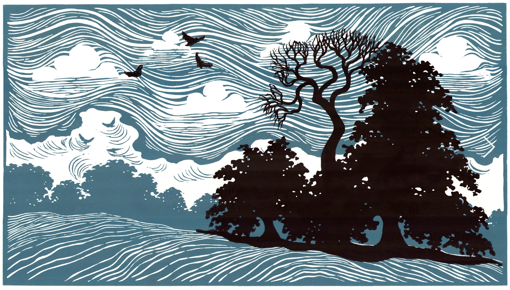 A linocut print of a dreamy, rural landscape is rendered completely in light blue, with a cluster of trees and three flying birds presented in black. The sky is filled with puffy white clouds surrounded by wavy lines, creating the appearance of movement. The trees sit atop a small, rolling hill.