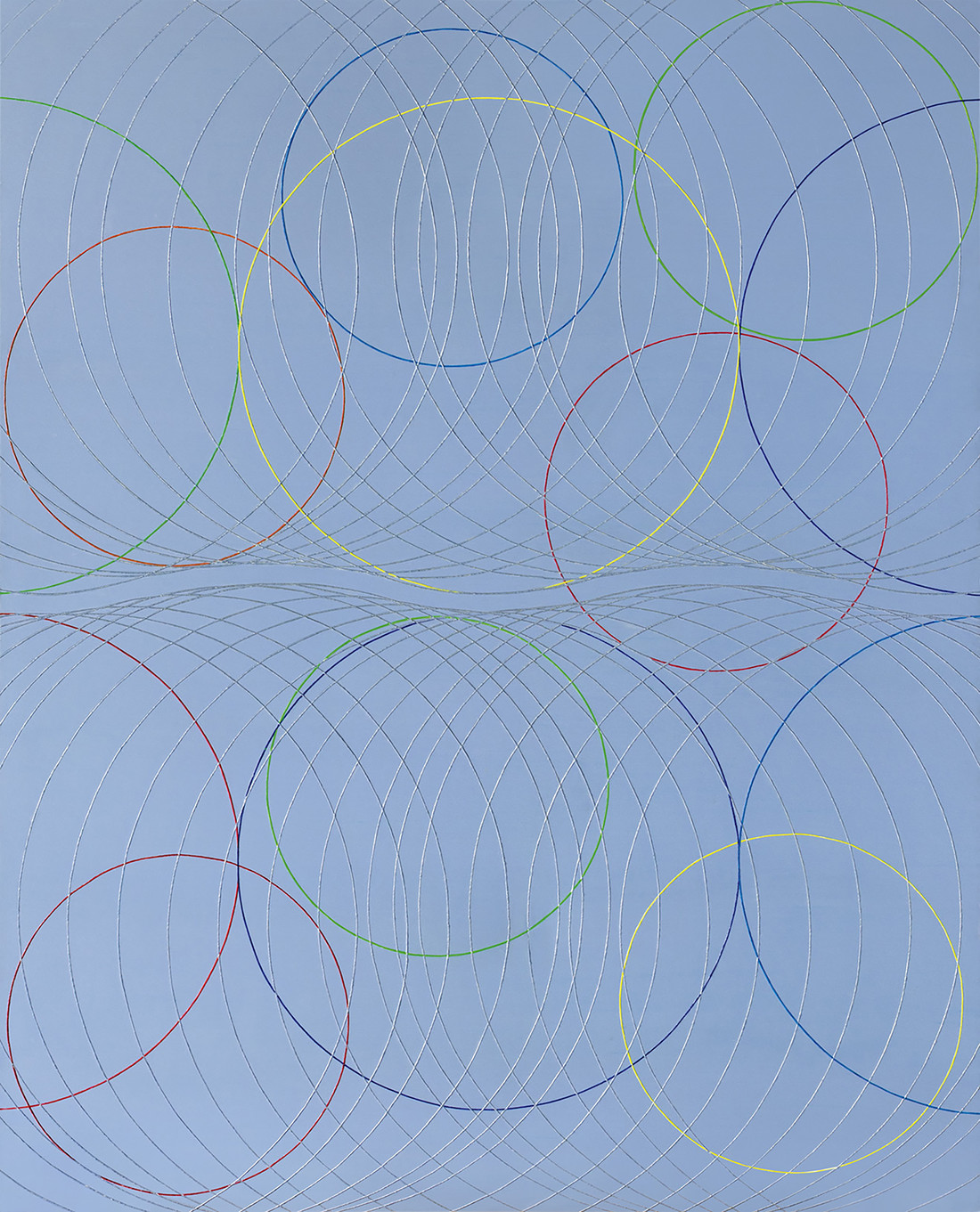 An abstract painting features a muted, cornflower blue background atop which many perfect, thin circles, rendered in a darker blue and red, are arranged. Between and within them, delicate, sweeping, even lines are drawn in many directions in a light grey color.