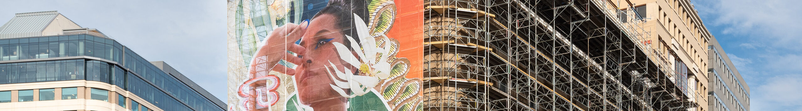 A colorful mural of a woman with flora on scaffolding on the museum building.