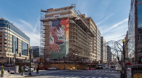 Timelapse video still of the exterior view of the museum with scaffolding all around that features two panels of a large, colorful mural on the front depicting a dark-skinned woman gazing into the distance with her arm touching her face. The background features flowers and green leaves.