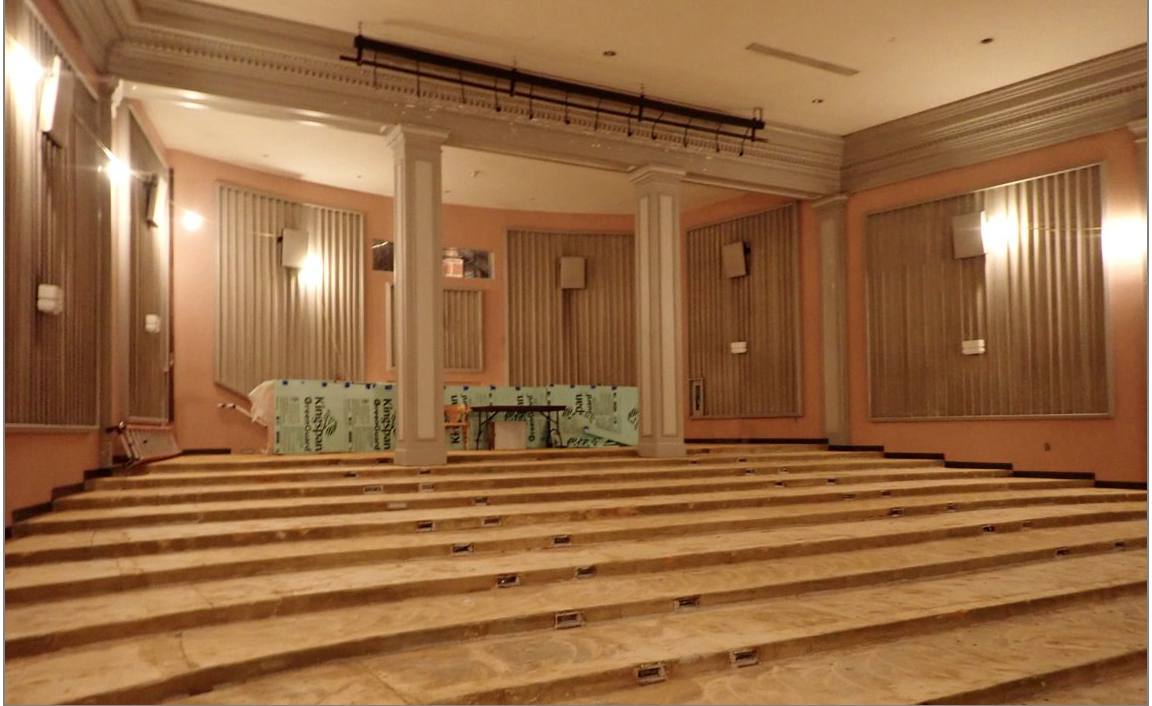 Interior view of the gutted performance hall.